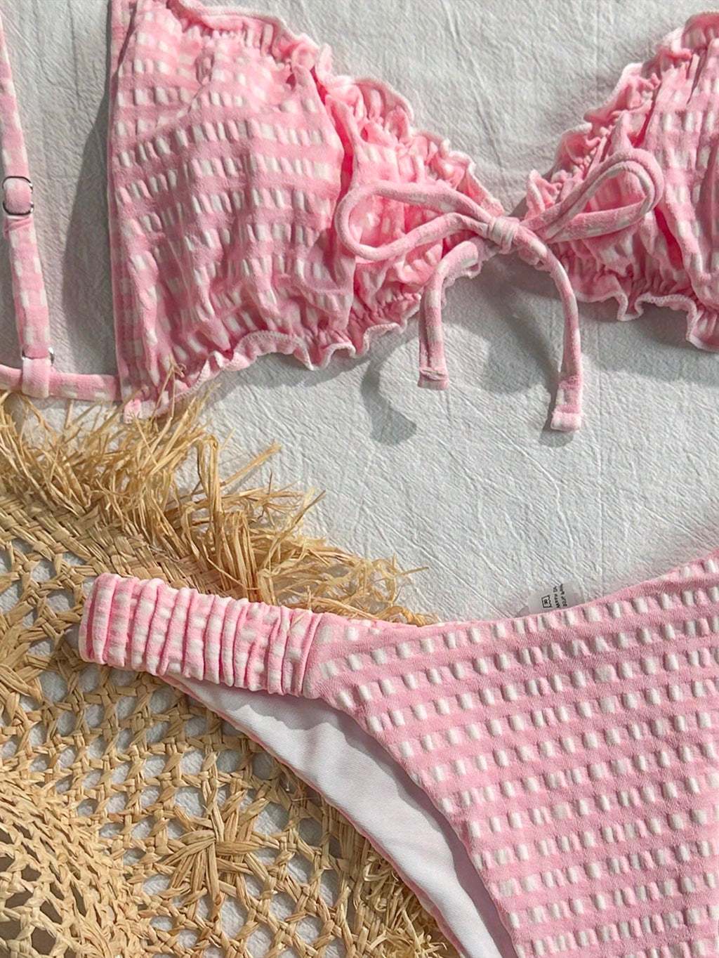 Swim Mod Embroidered Mesh Fabric Thin Frill Edge Pleated Front Tie