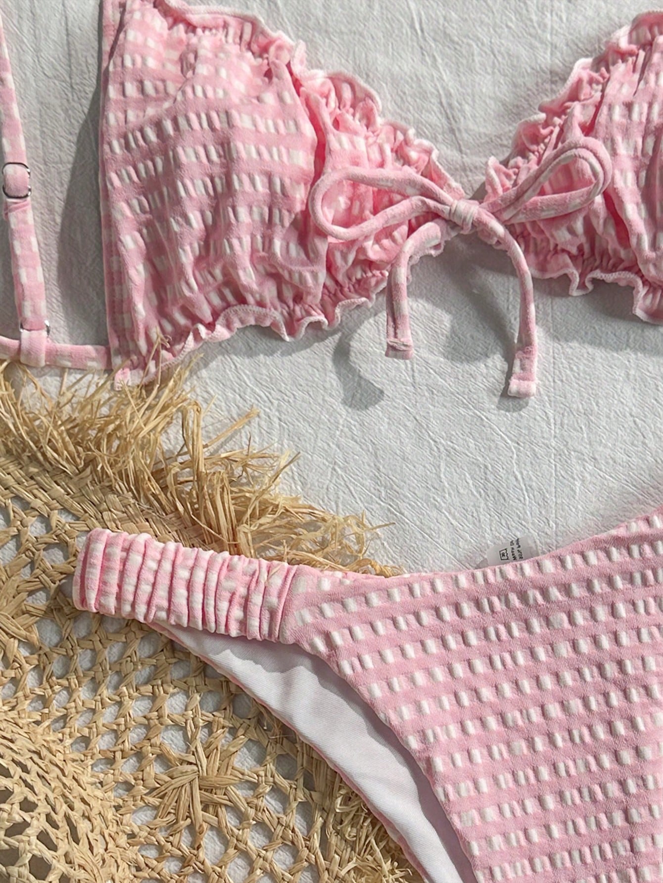 Swim Mod Embroidered Mesh Fabric Thin Frill Edge Pleated Front Tie
