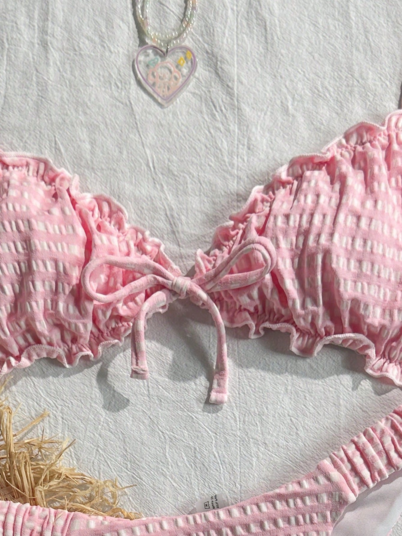 Swim Mod Embroidered Mesh Fabric Thin Frill Edge Pleated Front Tie