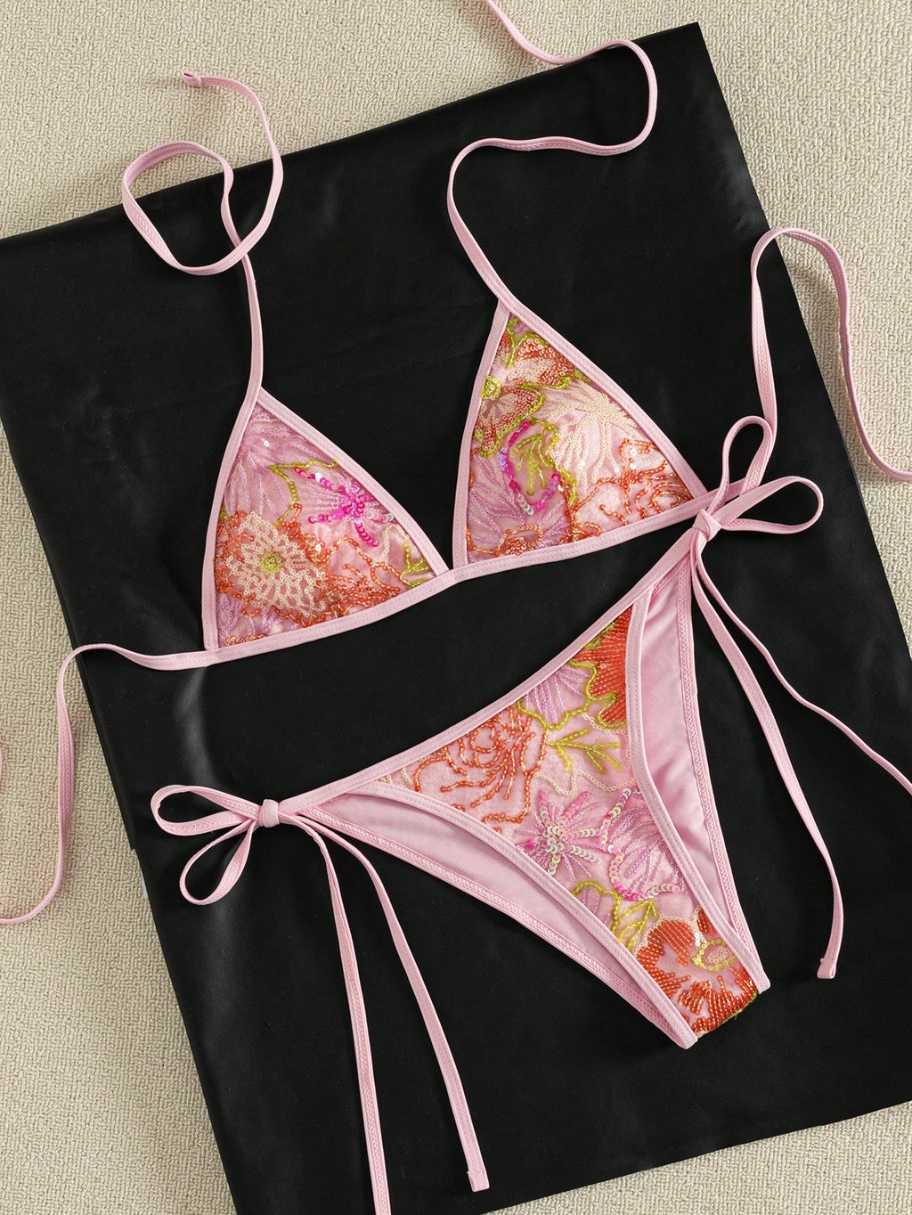 2026 Women's Summer New Bikini Set, Contrast Color Sequin & Floral