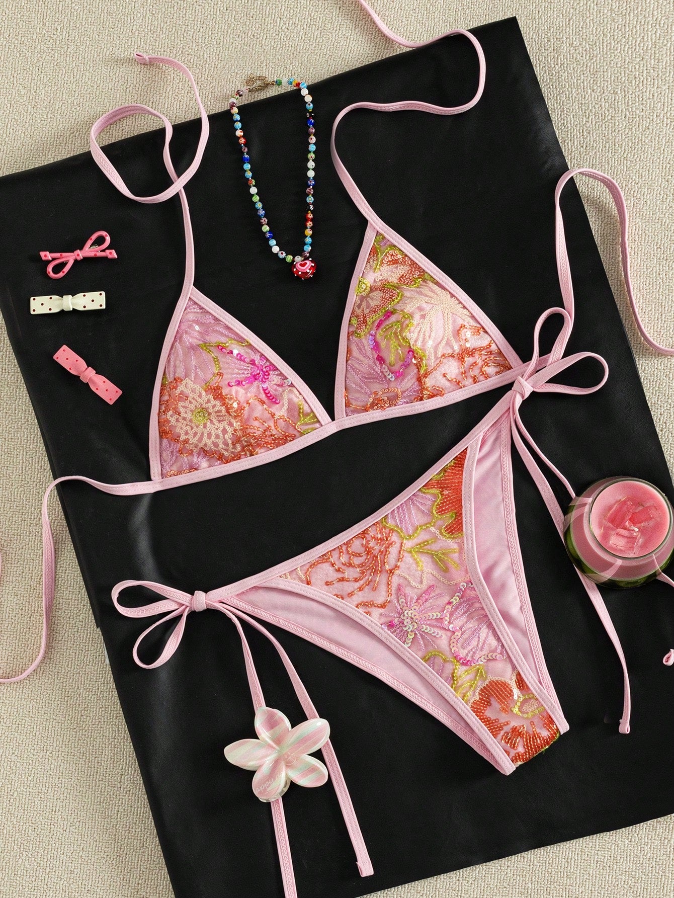 2026 Women's Summer New Bikini Set, Contrast Color Sequin & Floral