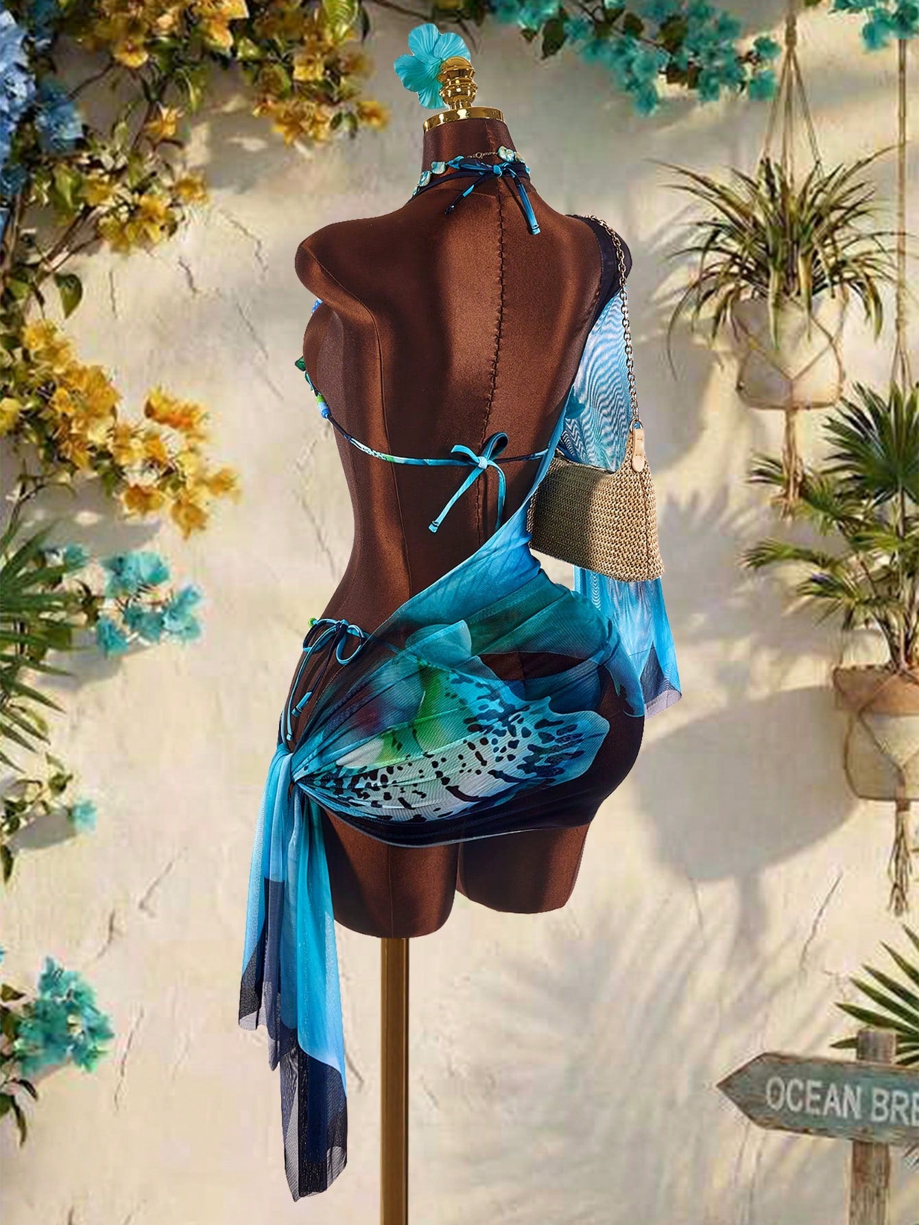 Amplova Women's Floral Swimsuit Set With Chest Detail, Sexy Avant-Garde Mini Set For Vacation, Beach Holiday,