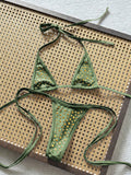 Swim Vcay Swim SXY 2pcs Spring/Summer Beach Vacation Textured Fabric Halter Triangle Bikini Top And Side Tie