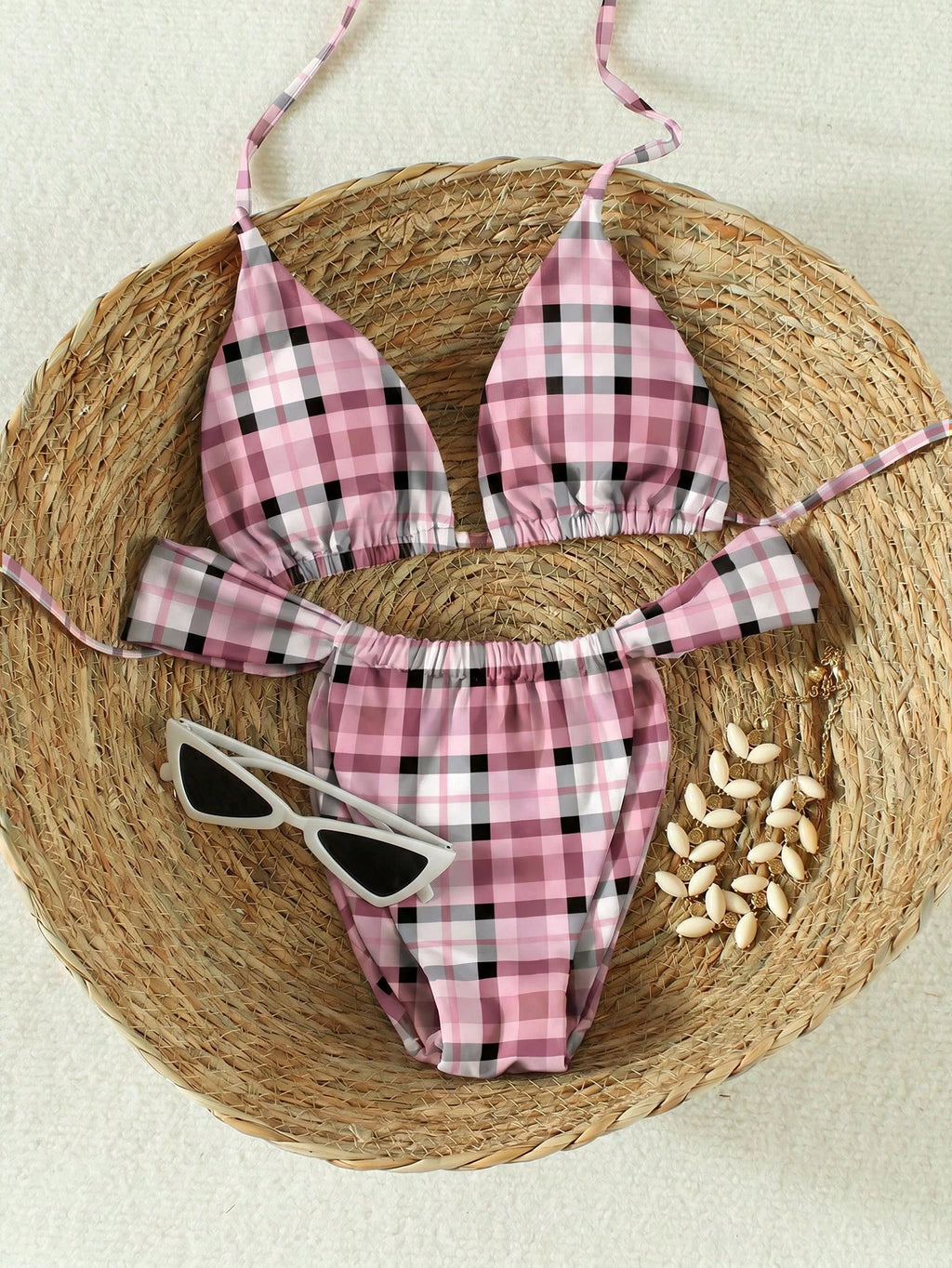 Women's Retro Dopamine Plaid Halter Bikini Set, 2026 Spring/Summer