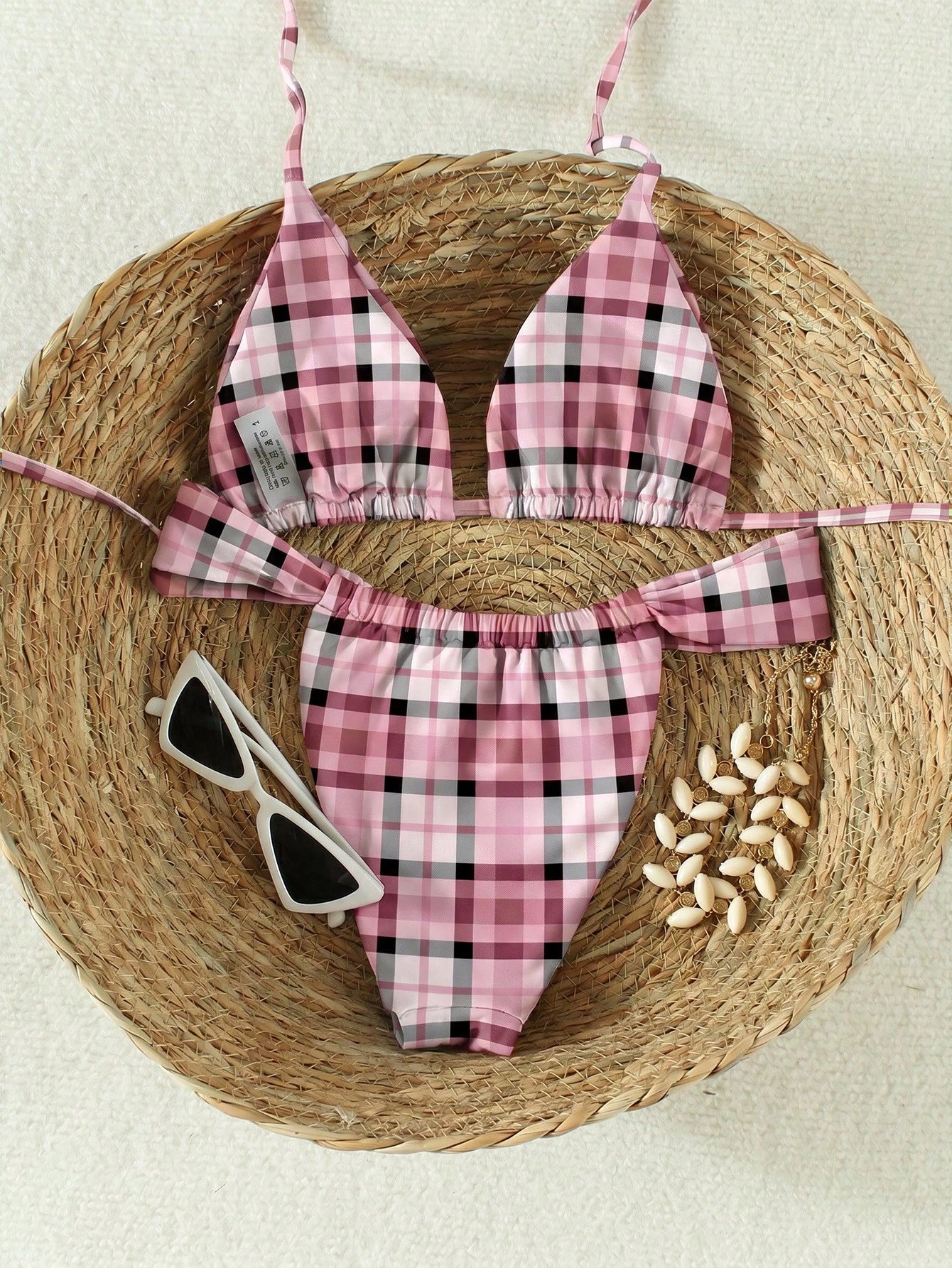 Women's Retro Dopamine Plaid Halter Bikini Set, 2026 Spring/Summer