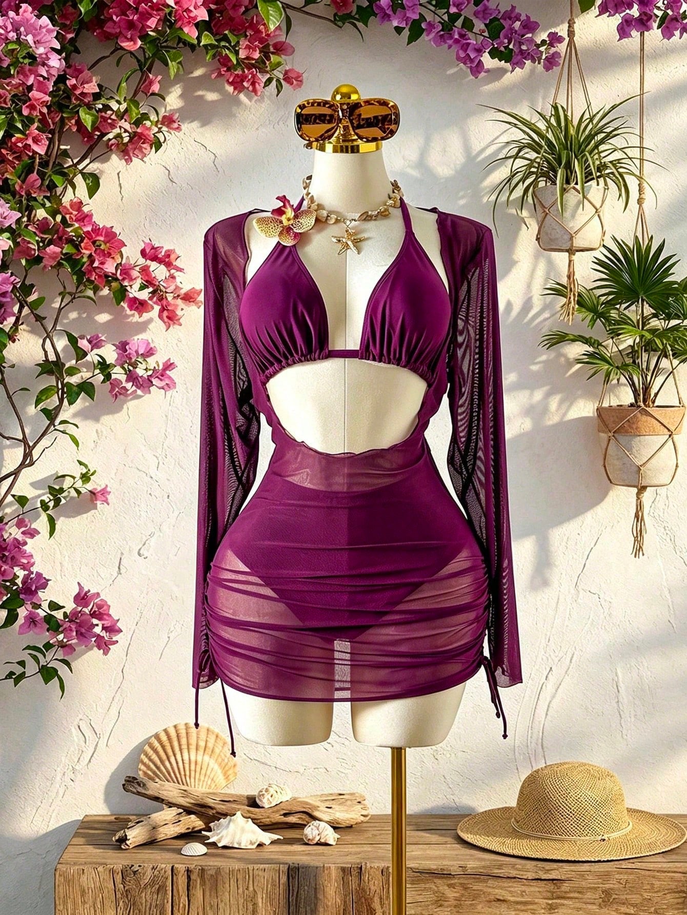 Swim SXY Plus Size 3pcs Floral Accent Solid Color Sexy Women Swimwear Set - image 10