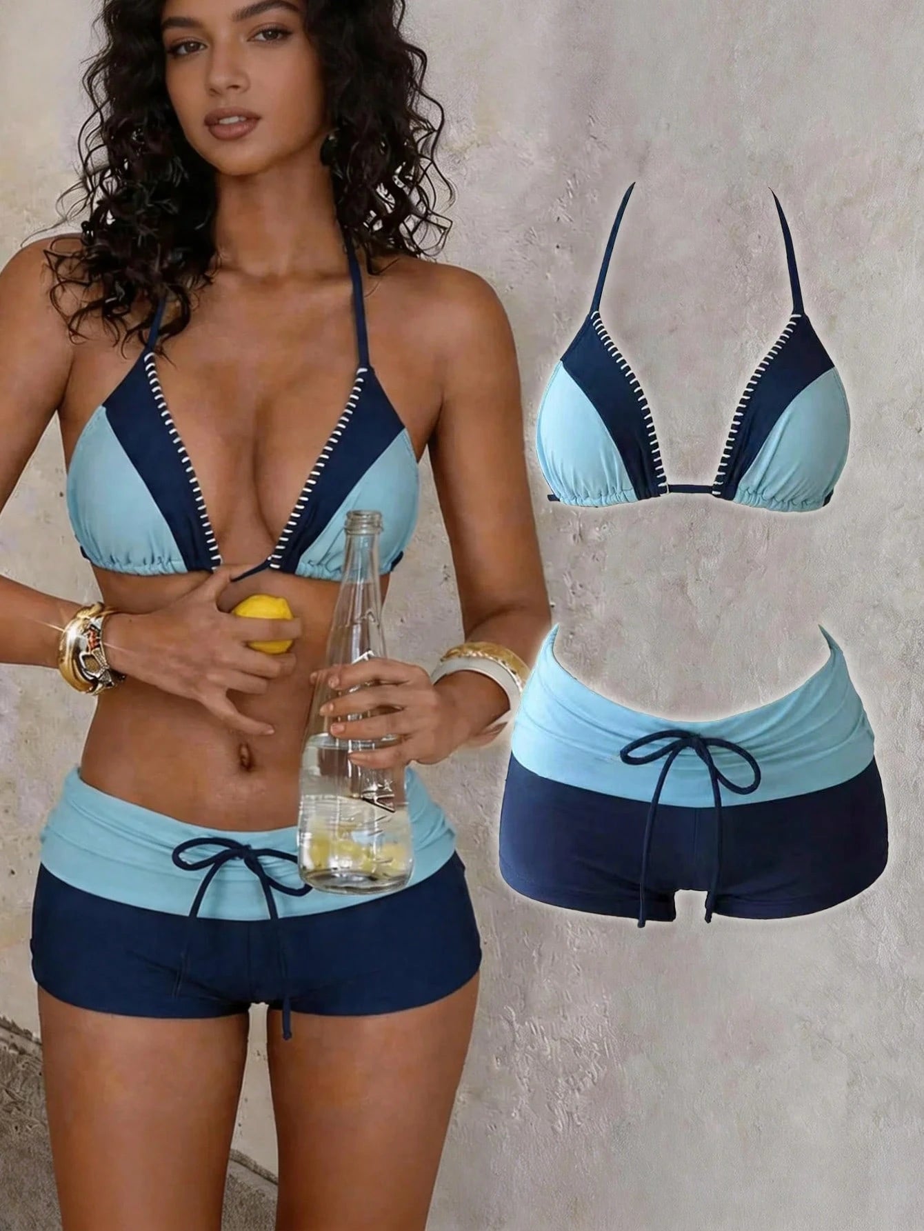 Elavelle Sea Salt Blue Collar Bikini With Collar, Dogtooth Triangle