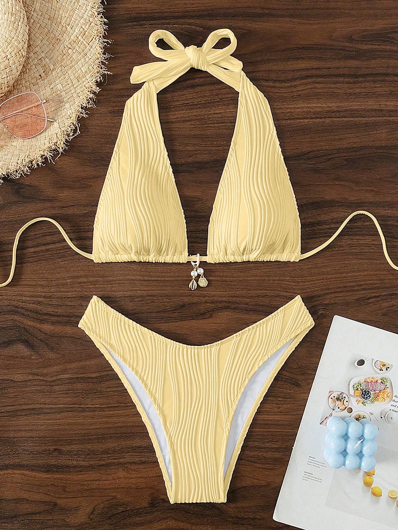Swim SXY Blue And White Vertical Striped Halter Triangle Bikini Set, Halter Tie Design To Flatter Shoulder - image 13
