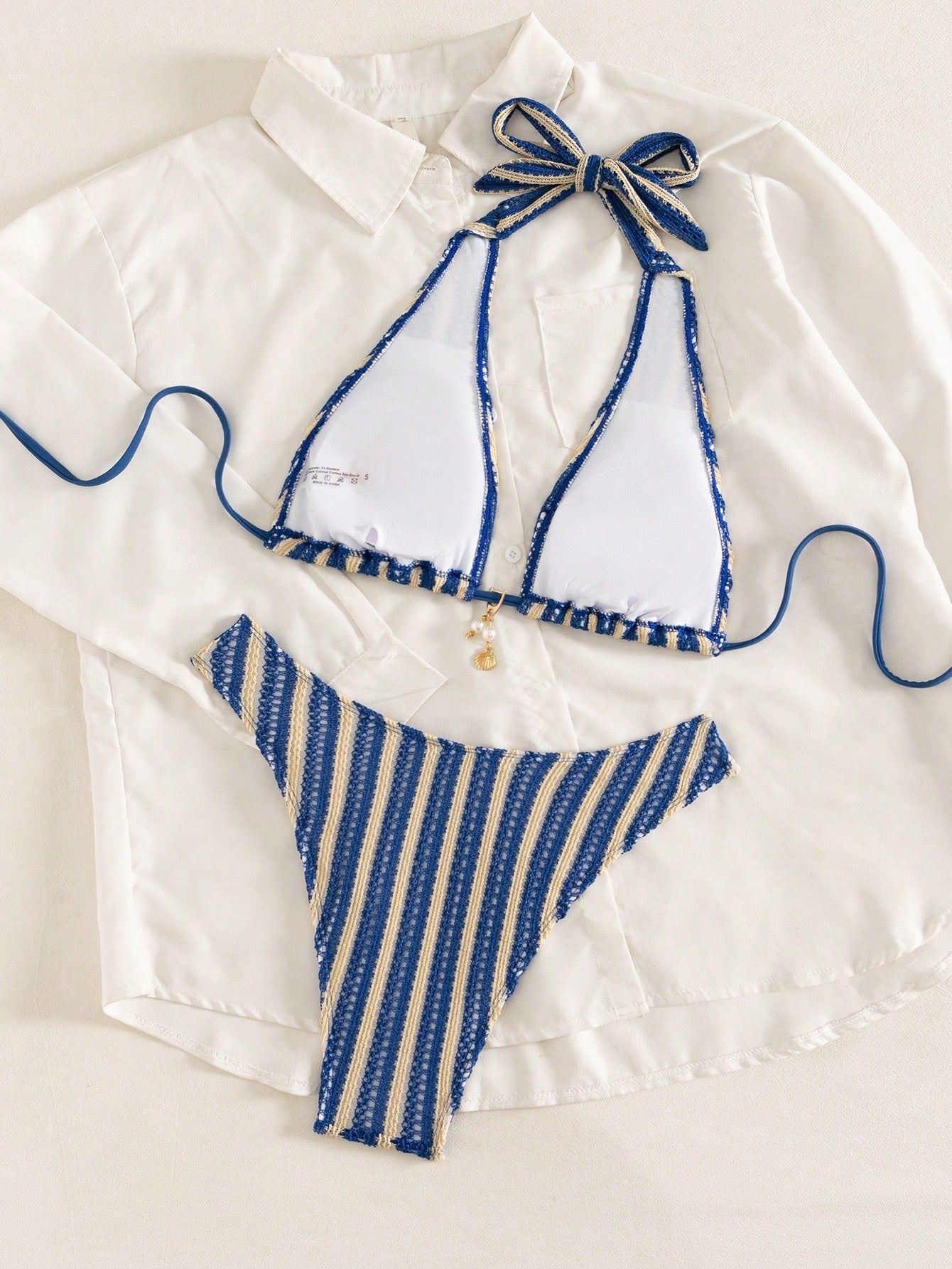 Swim SXY Blue And White Vertical Striped Halter Triangle Bikini Set, Halter Tie Design To Flatter Shoulder - image 16