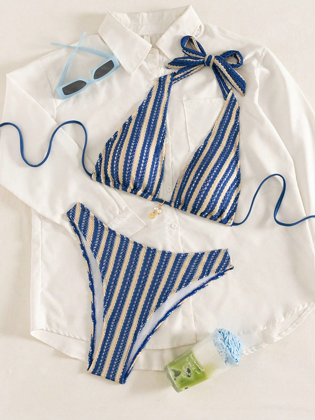 Swim SXY Blue And White Vertical Striped Halter Triangle Bikini Set, Halter Tie Design To Flatter Shoulder - image 17