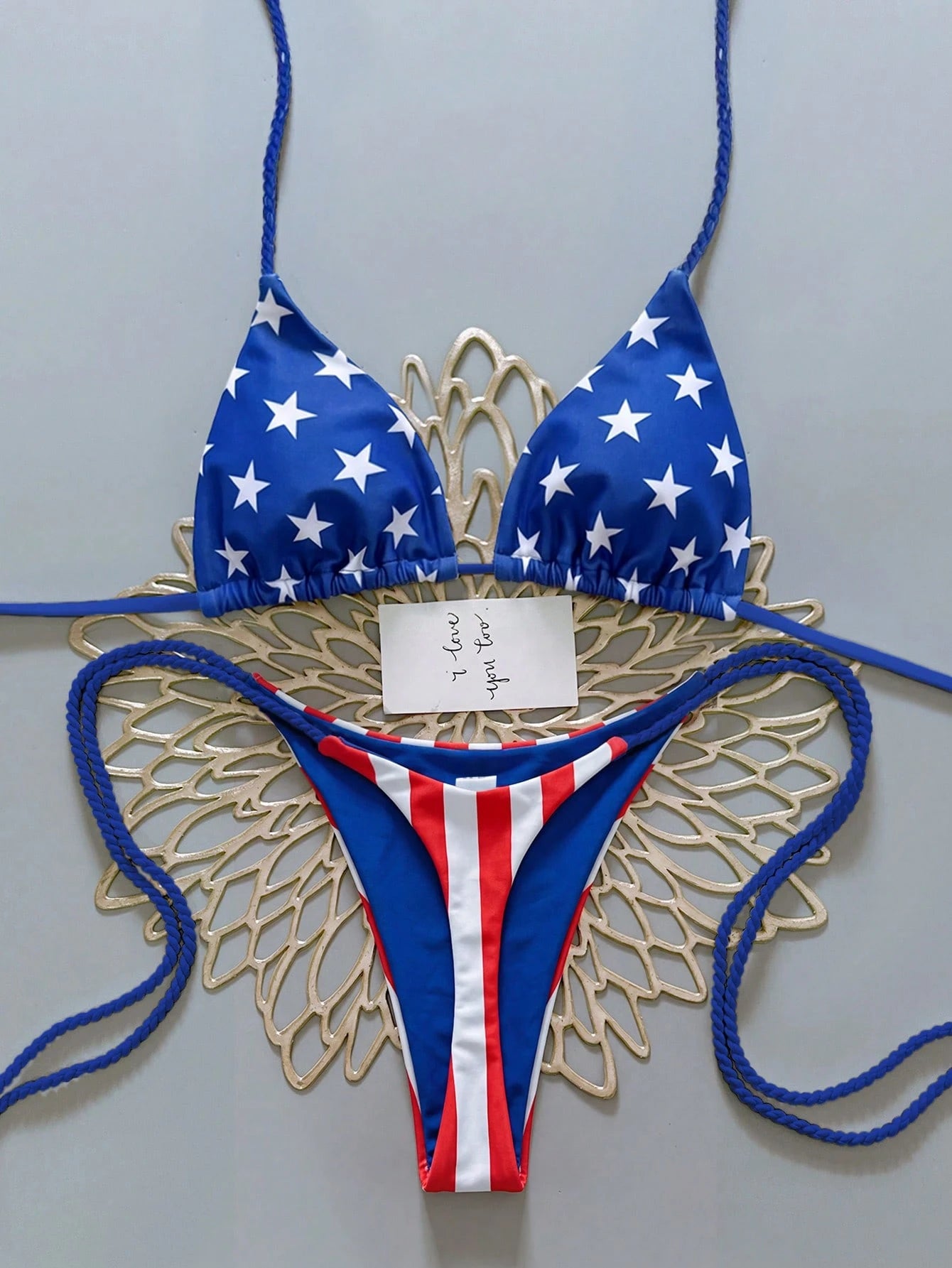Swim Vcay 2pcs Women Apricot Bikini Swimwear Set, Handmade Rope Decor