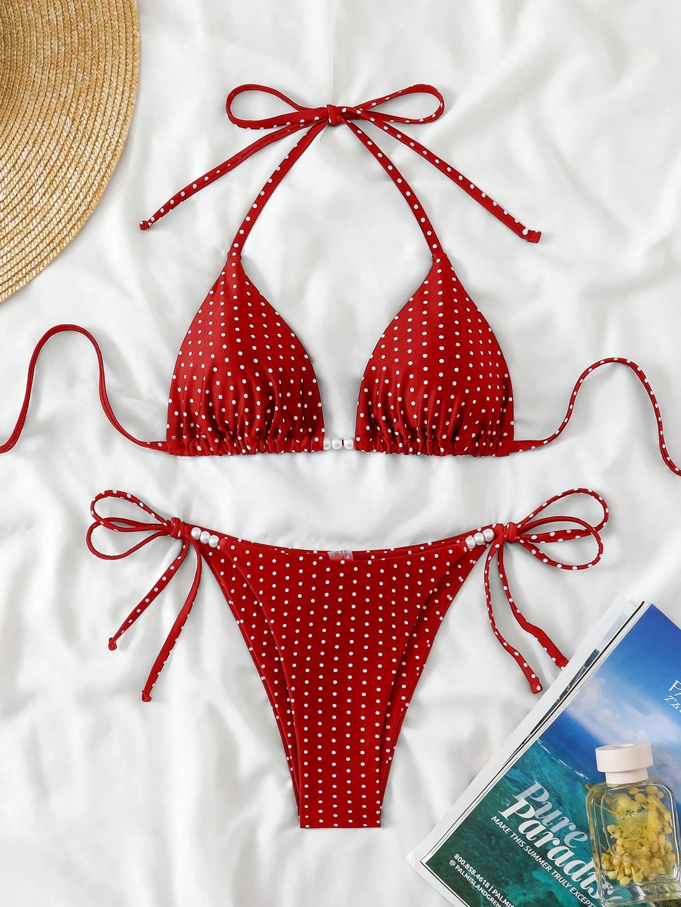 Swim Basics Women's Sexy 2-Piece Polka Dot Random Print Halter Tie Pearl Decor Bikini Set, Summer - image 11