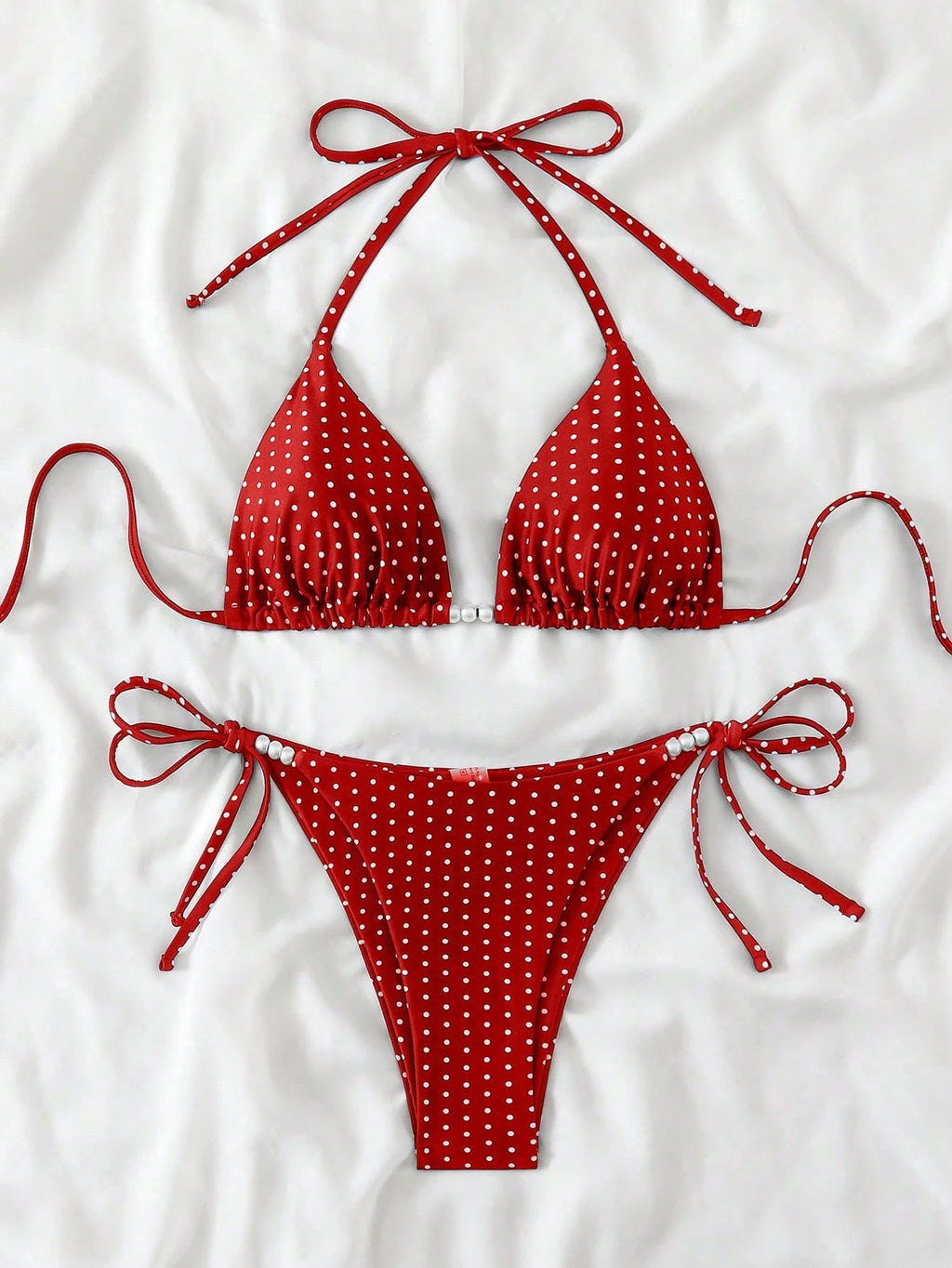Swim Basics Women's Sexy 2-Piece Polka Dot Random Print Halter Tie Pearl Decor Bikini Set, Summer - image 13