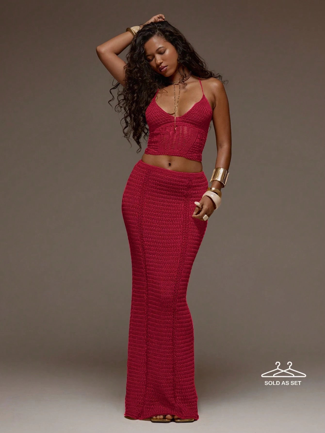 MUSERA Crochet Knit Fitted Cami Top And Maxi Skirt Set Co-Ord Spring
