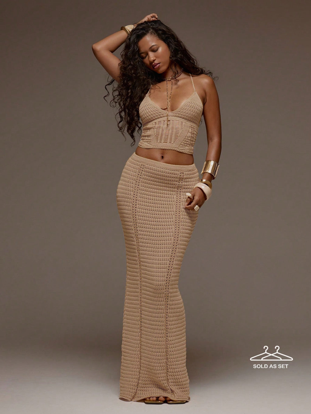 MUSERA Crochet Knit Fitted Cami Top And Maxi Skirt Set Co-Ord Spring Summer Holiday Vacation Beach Ibiza