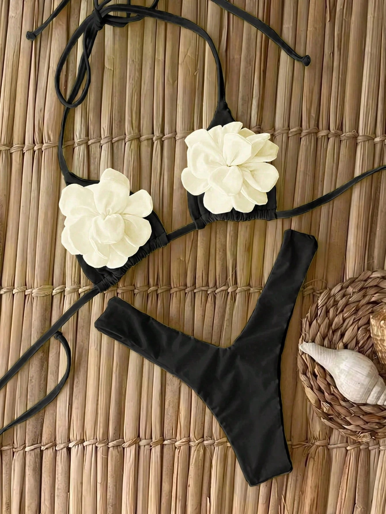 Women's Fashionable Elegant Bright Yellow Floral Decor Sexy Halter Casual Bikini Set Set, Suitable For Beach, - image 13