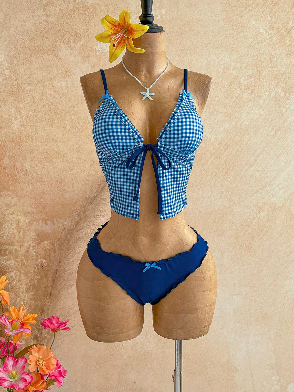 Soleia Women's Summer Beach Plaid Tankini Top And Triangle Tankini