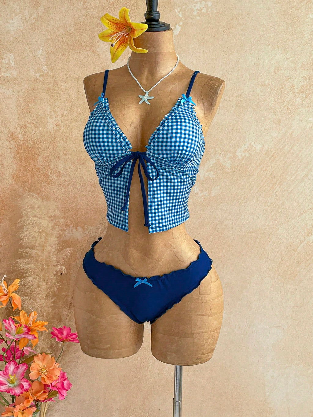 Soleia Women's Summer Beach Plaid Tankini Top And Triangle Tankini