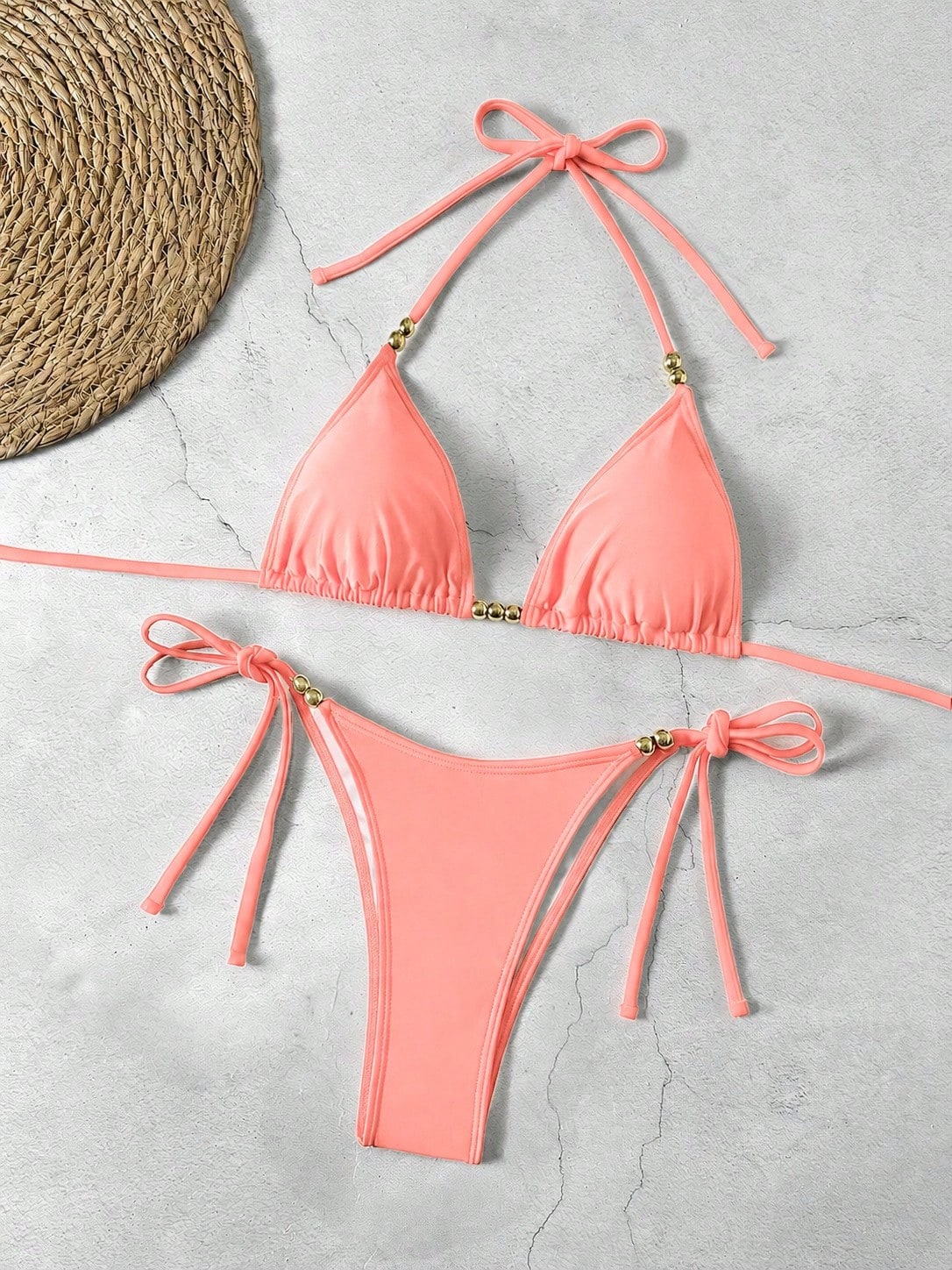Lucky Girl Summer New Women's Black Beaded Tie Two Pieces Swimwear Set, Beach Ho