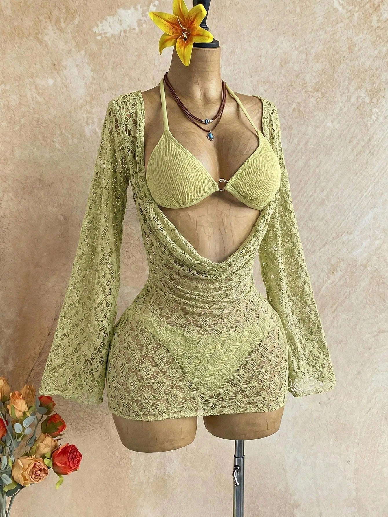 Soleia Women's 3-Piece Sexy Bikini Swimsuit With Apricot Mesh Cover-Up Skirt, Fa
