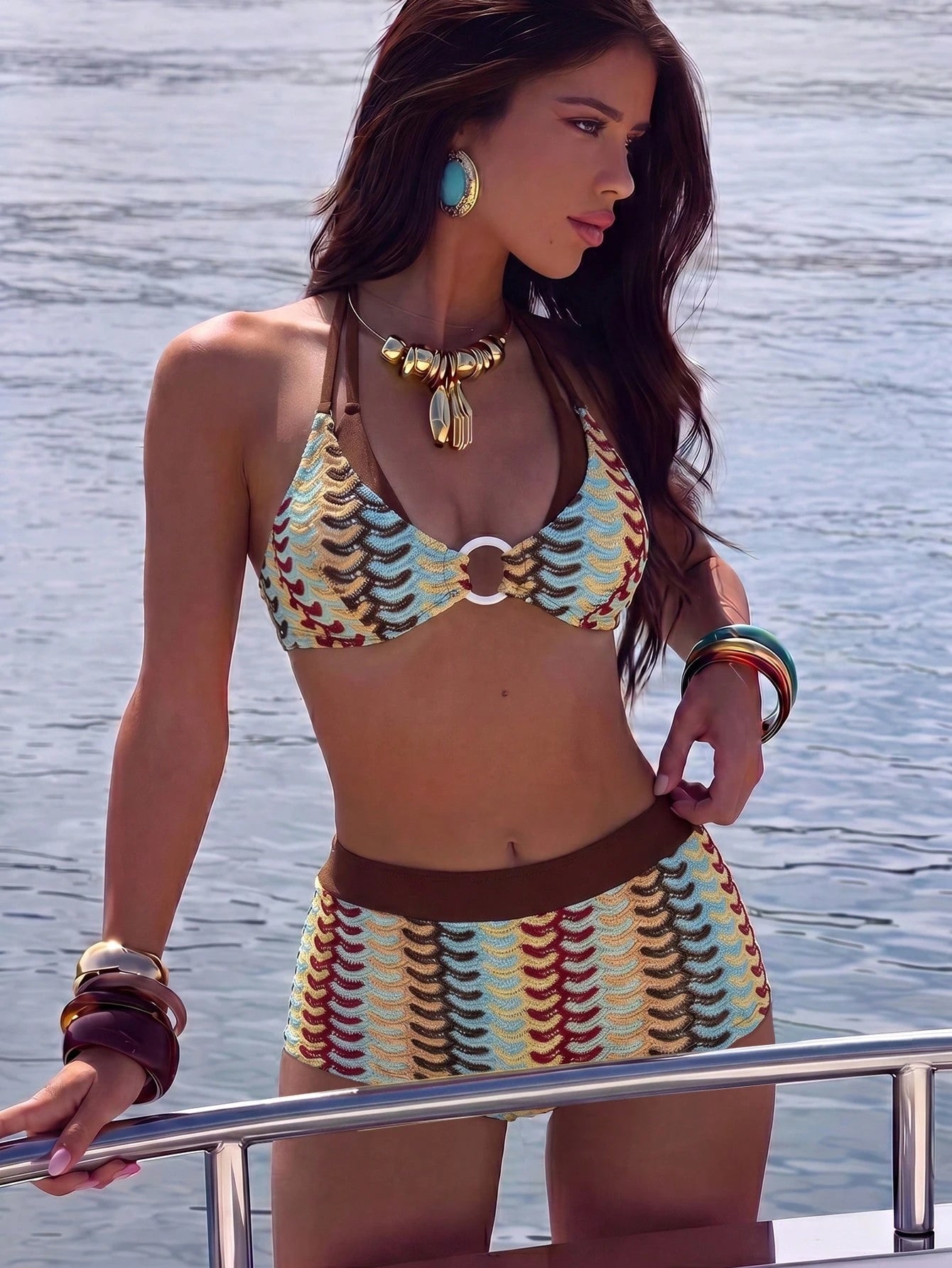 Swim Vcay Soft Cream Yellow 3D Flower Halter Bikini Top, Blue Plaid
