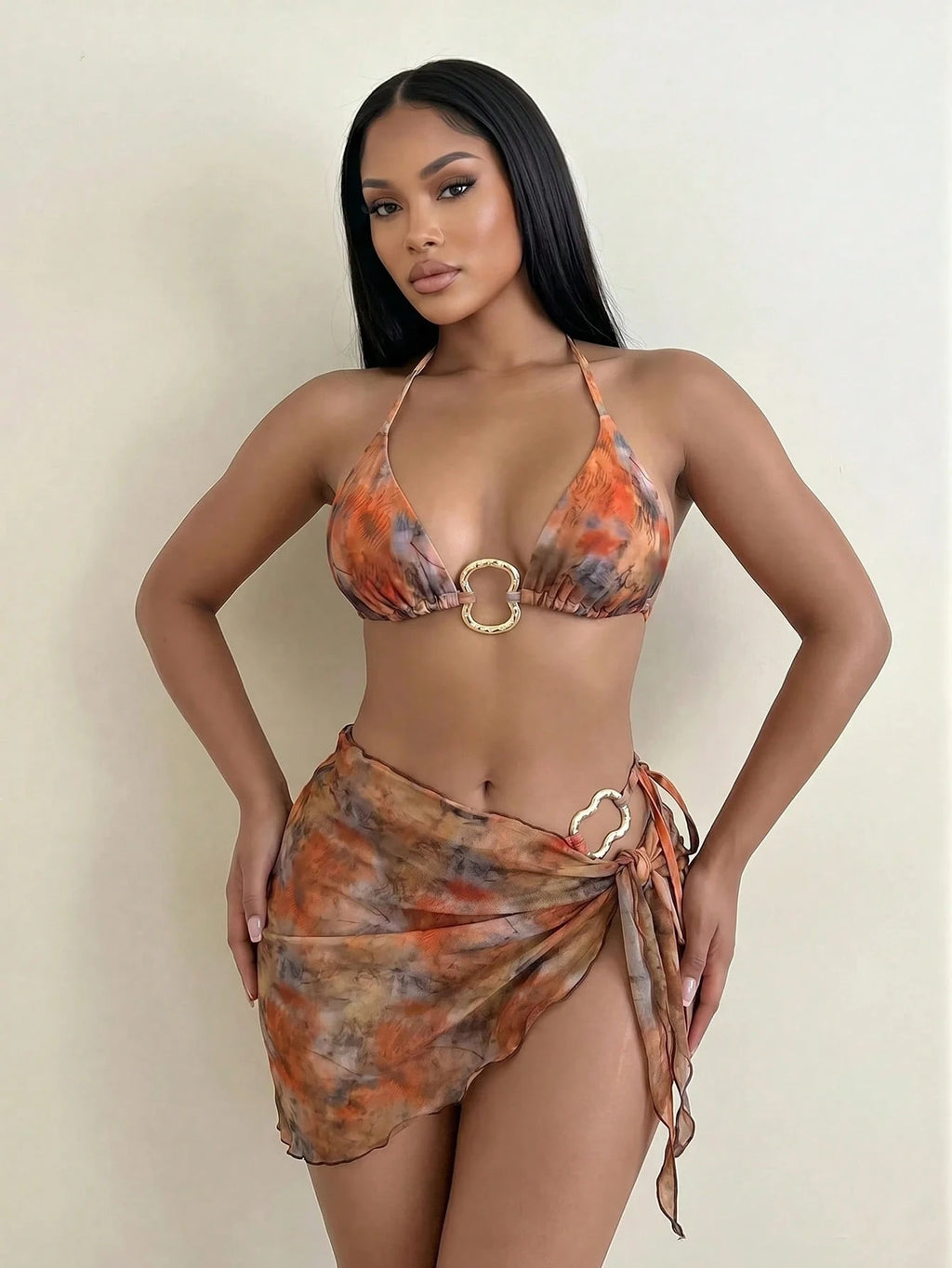 Swim SXY 3pcs/Set Floral & Animal Print Random Pattern Gold Pearl