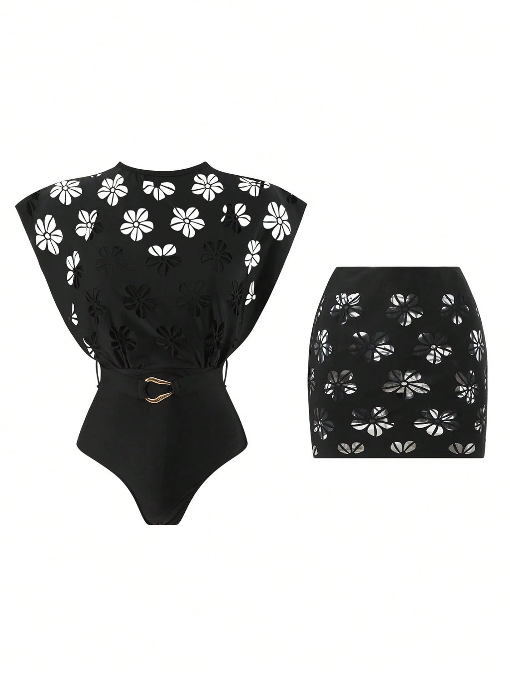 Swim Oasis Hollow-Out Solid Color Round Neck Women's Waist Belt Suit