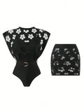 Swim Oasis Hollow-Out Solid Color Round Neck Women's Waist Belt Suit