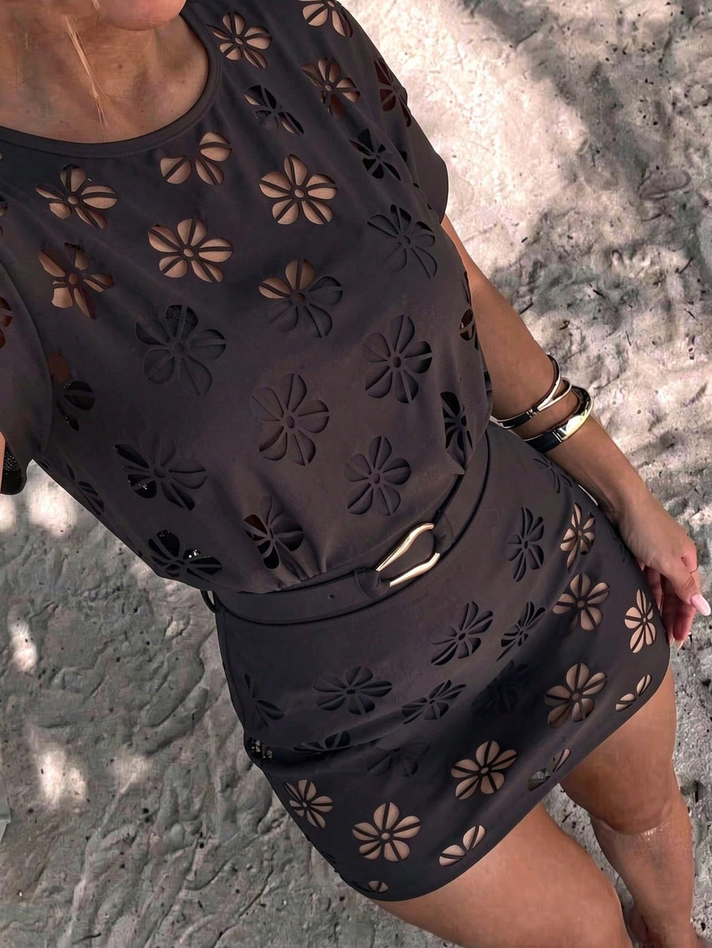 Swim Oasis Hollow-Out Solid Color Round Neck Women's Waist Belt Suit - image 4