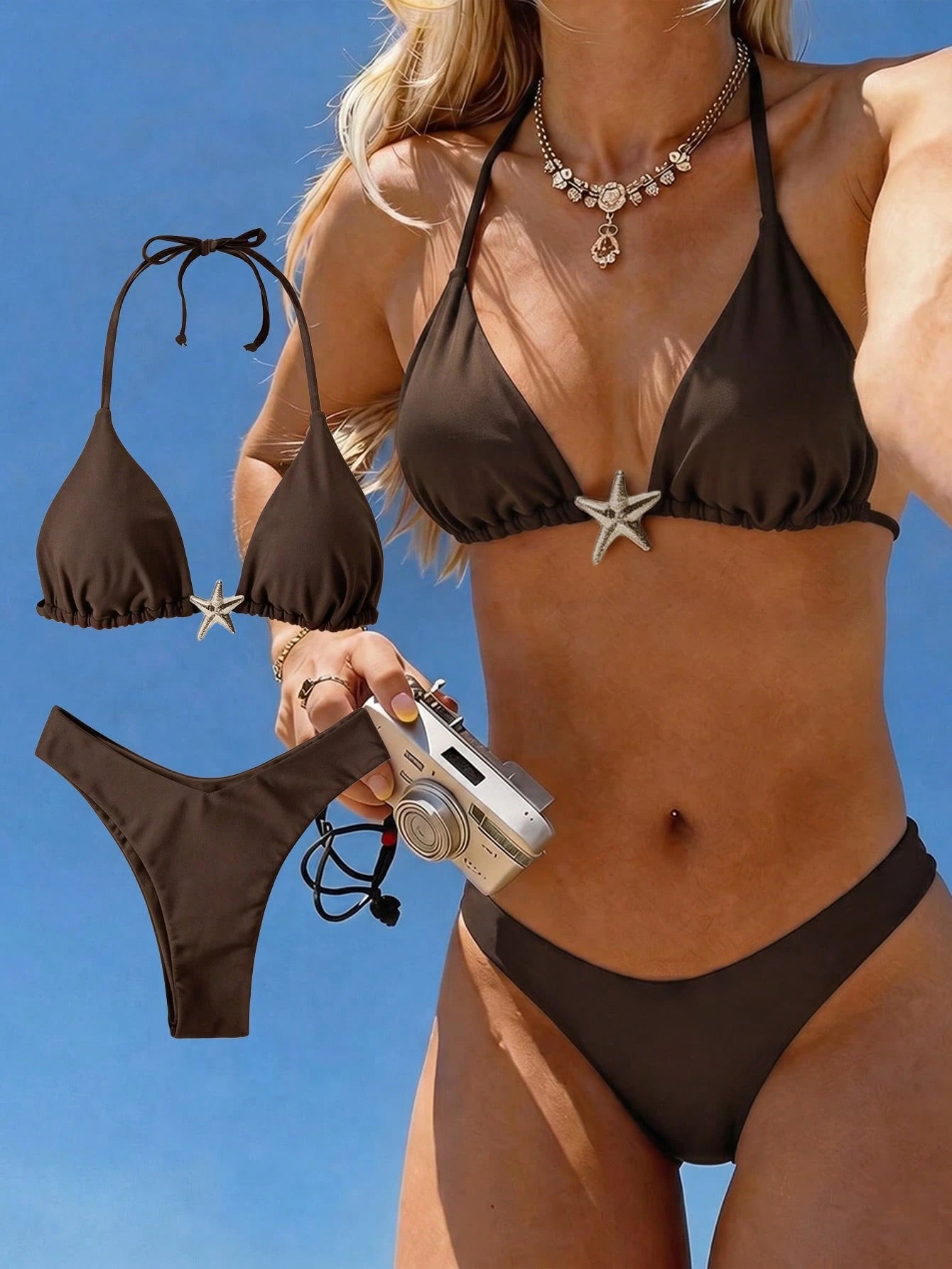 Swim Mod Women's Solid Color Metal Decor Spaghetti Strap Sexy Bikini