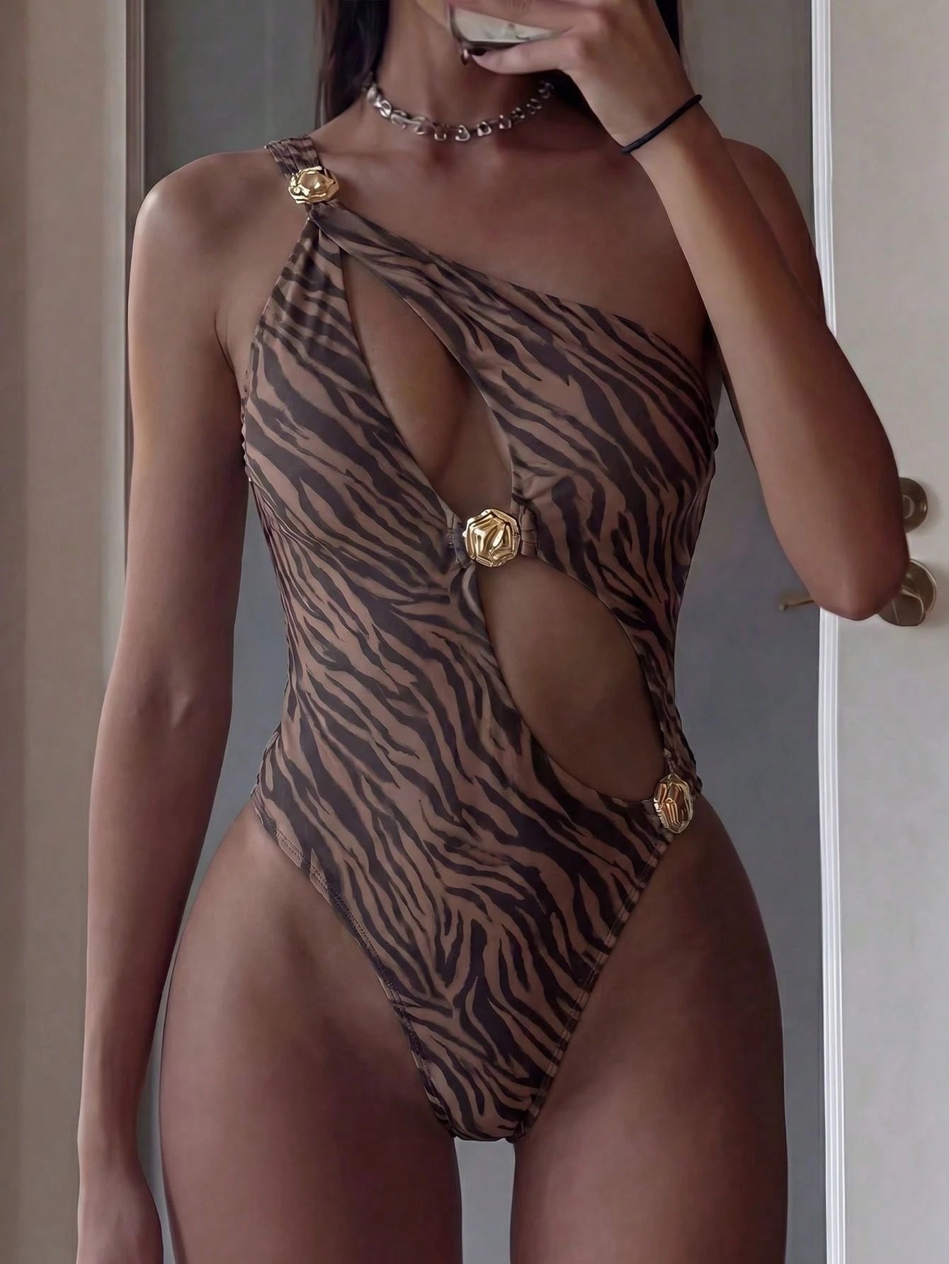 Fembélia Women's Leopard Print Asymmetric Hollow Shoulder One-Piece