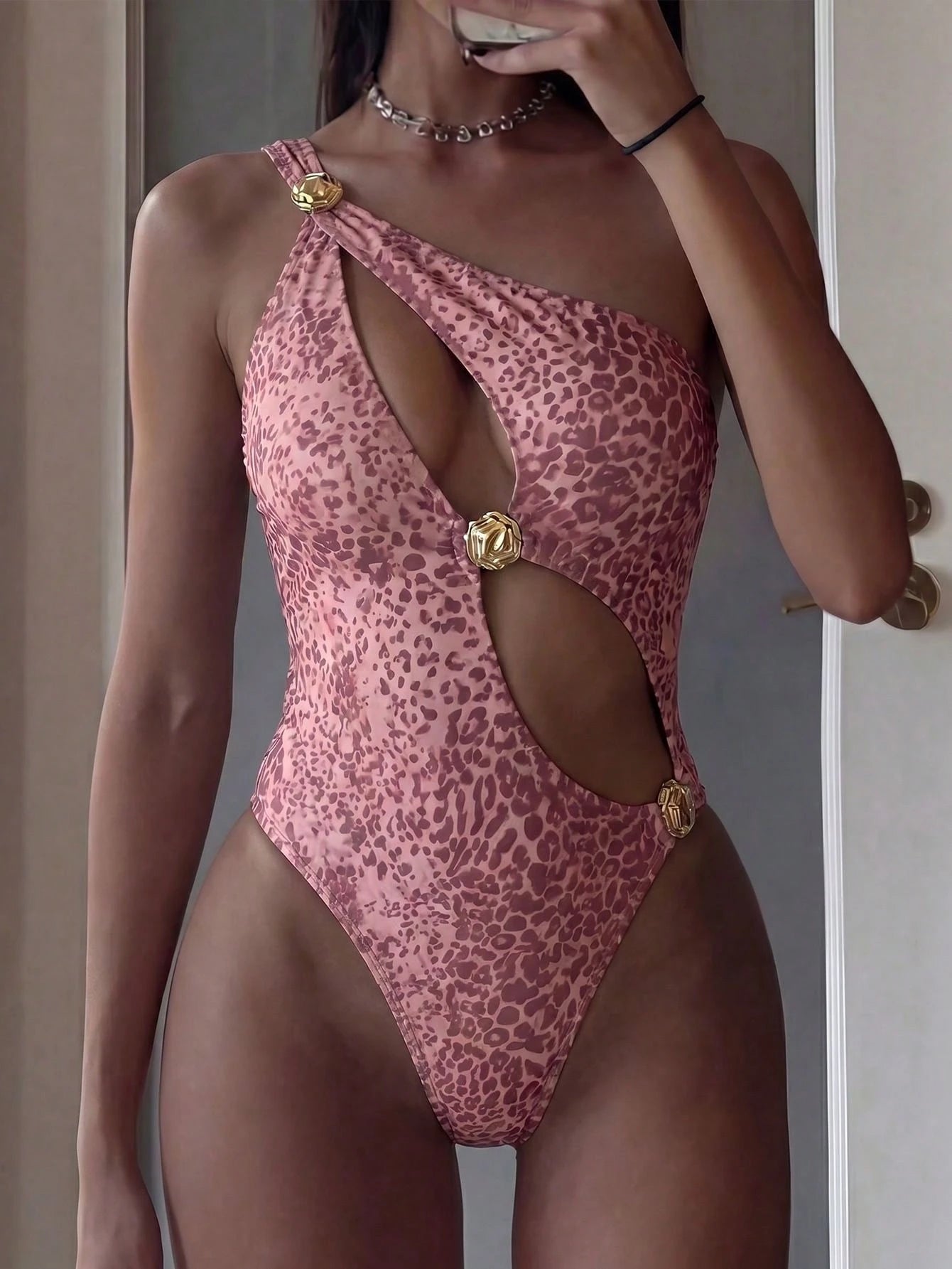 Fembélia Women's Leopard Print Asymmetric Hollow Shoulder One-Piece