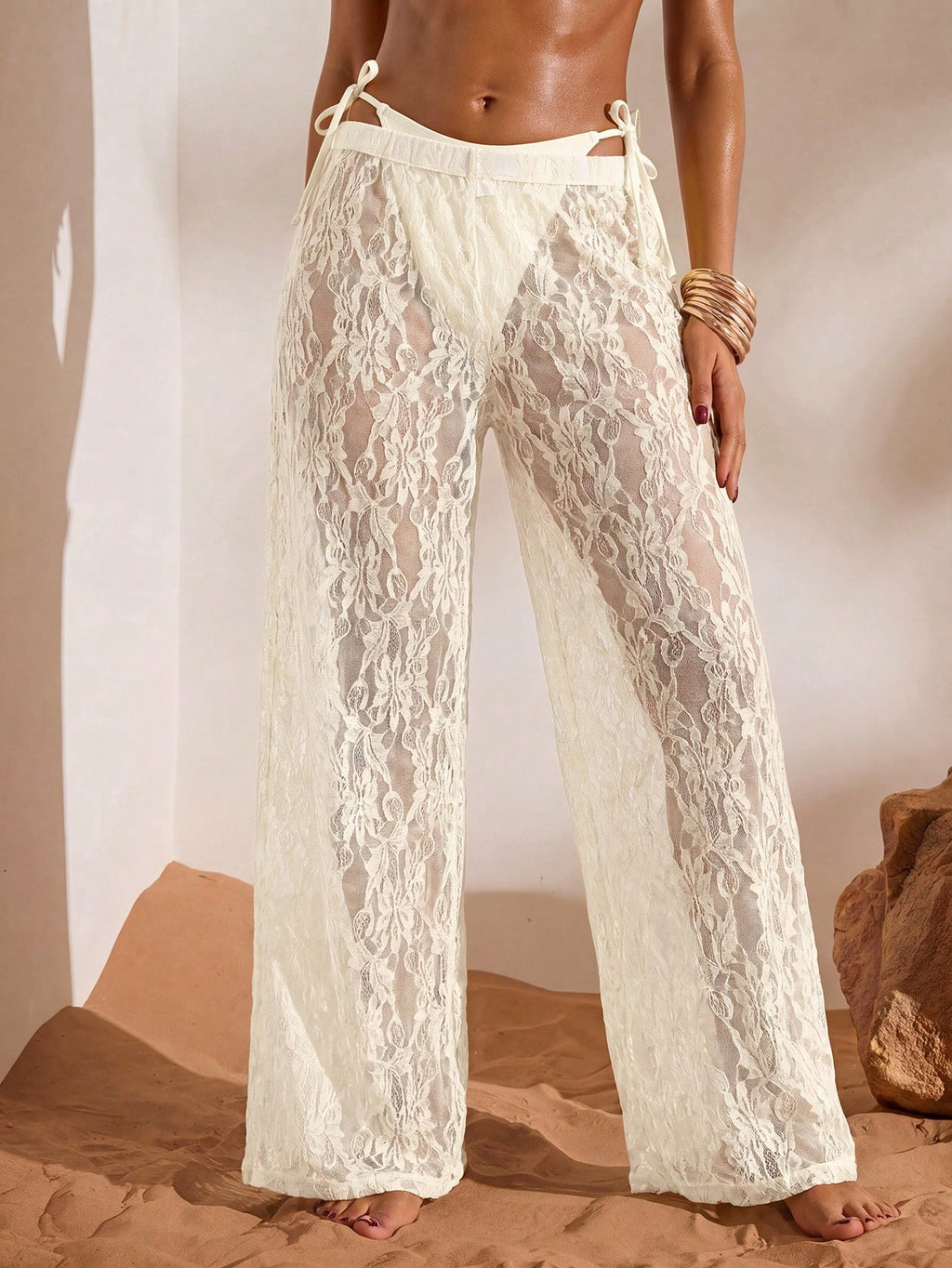 Opulessa Women's Beach Vacation Casual Lace Coverup & Pants Set Cover Ups For Swimwear