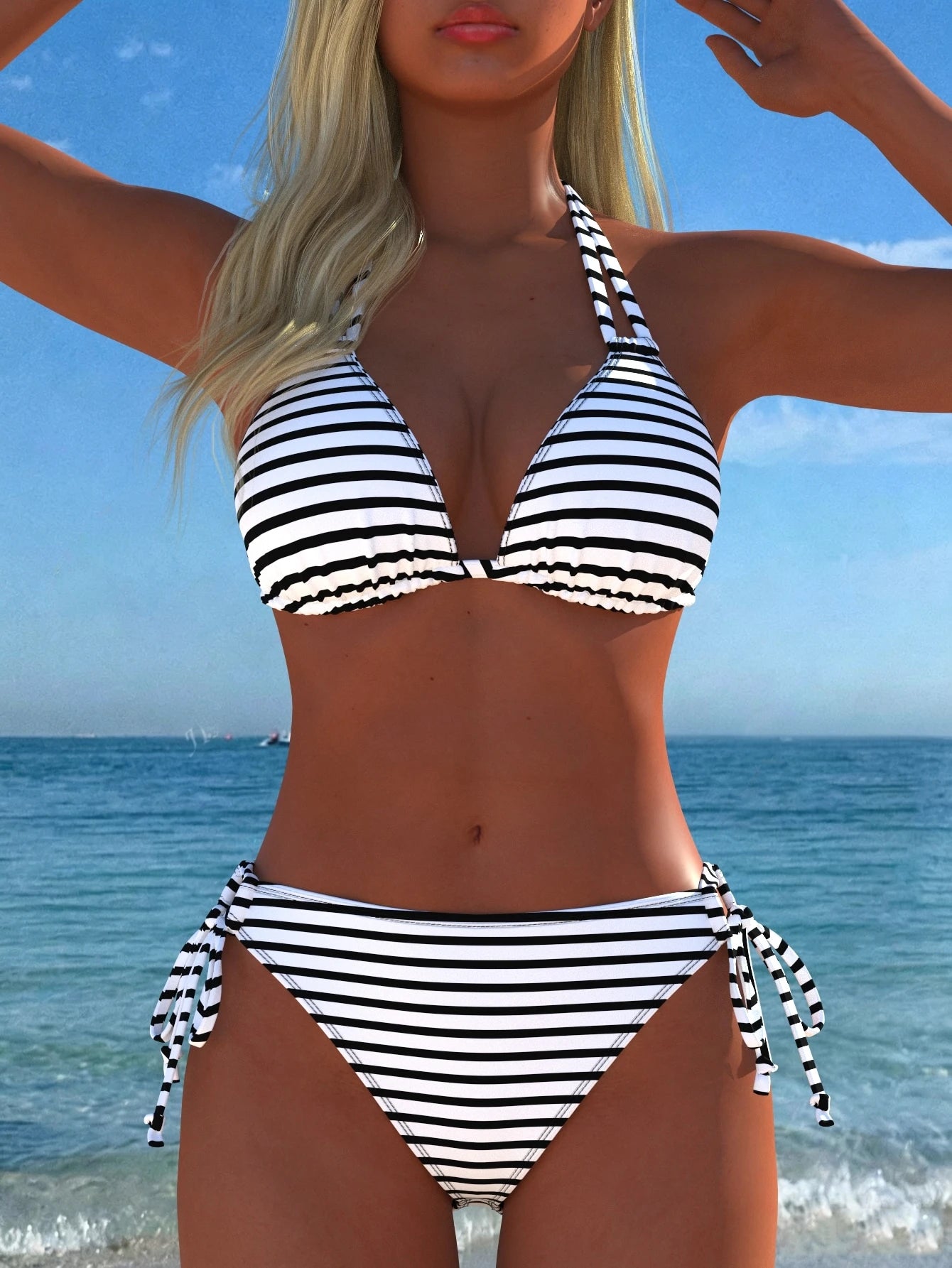 Women's Sexy Halter Striped Bikini Set, Side Tie Casual Beach