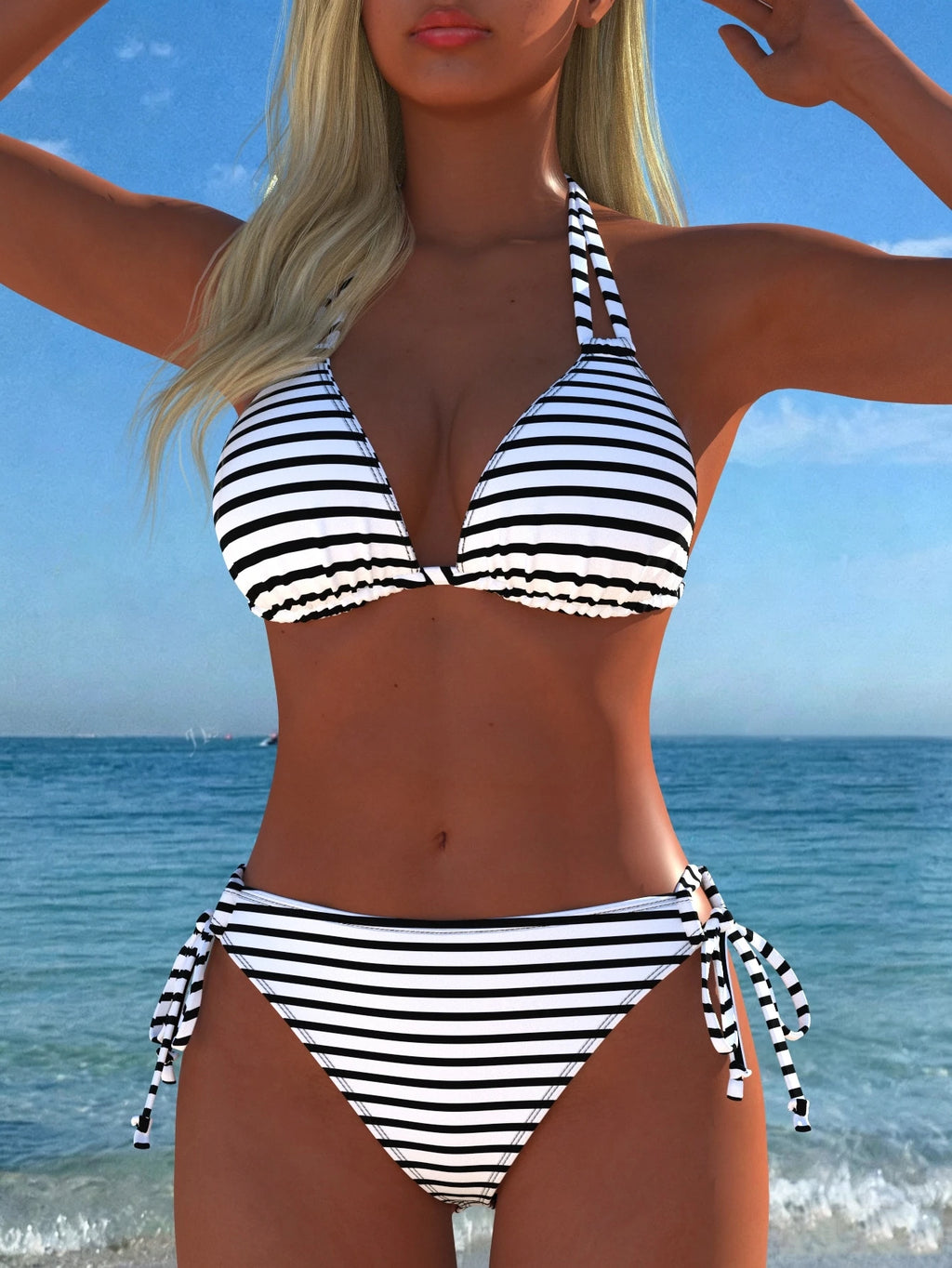 Women's Sexy Halter Striped Bikini Set, Side Tie Casual Beach