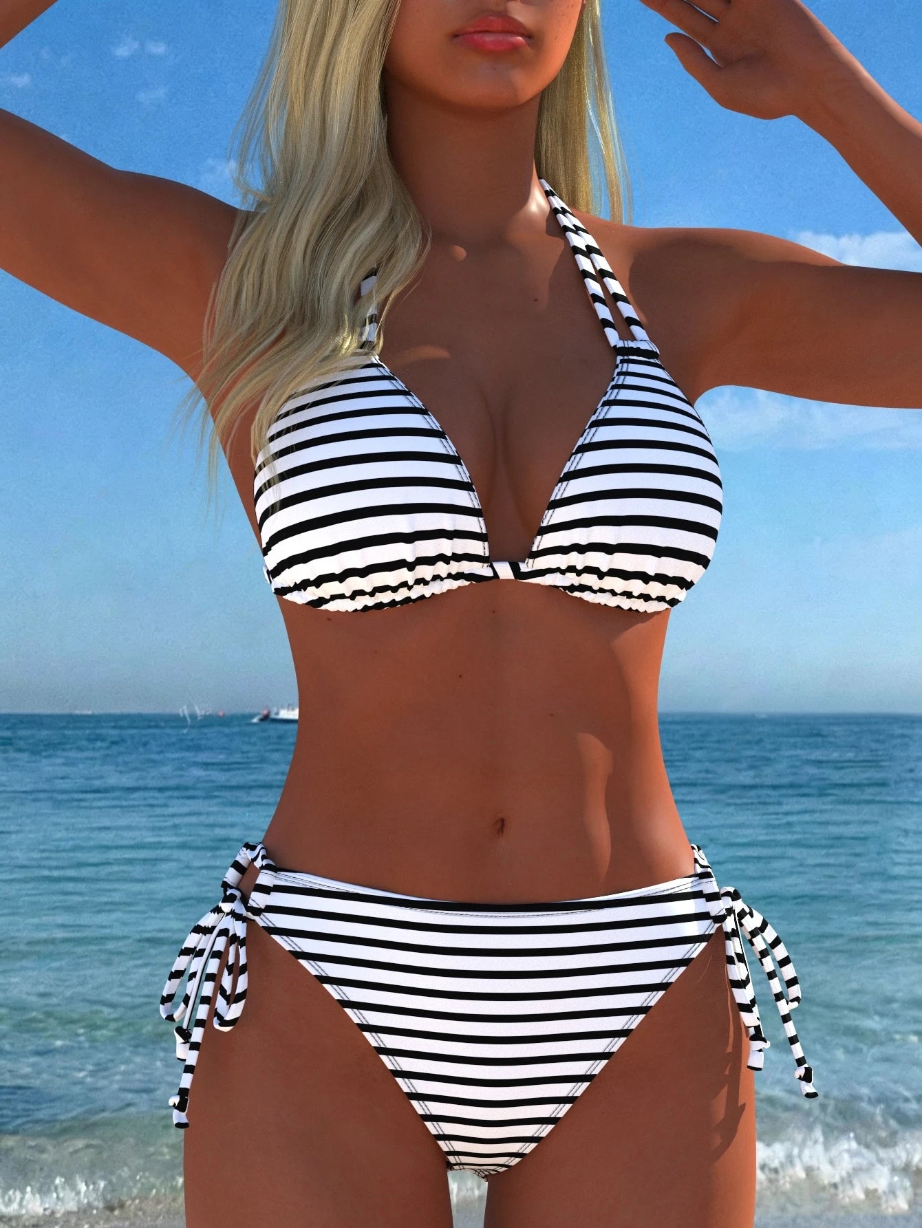Women's Sexy Halter Striped Bikini Set, Side Tie Casual Beach