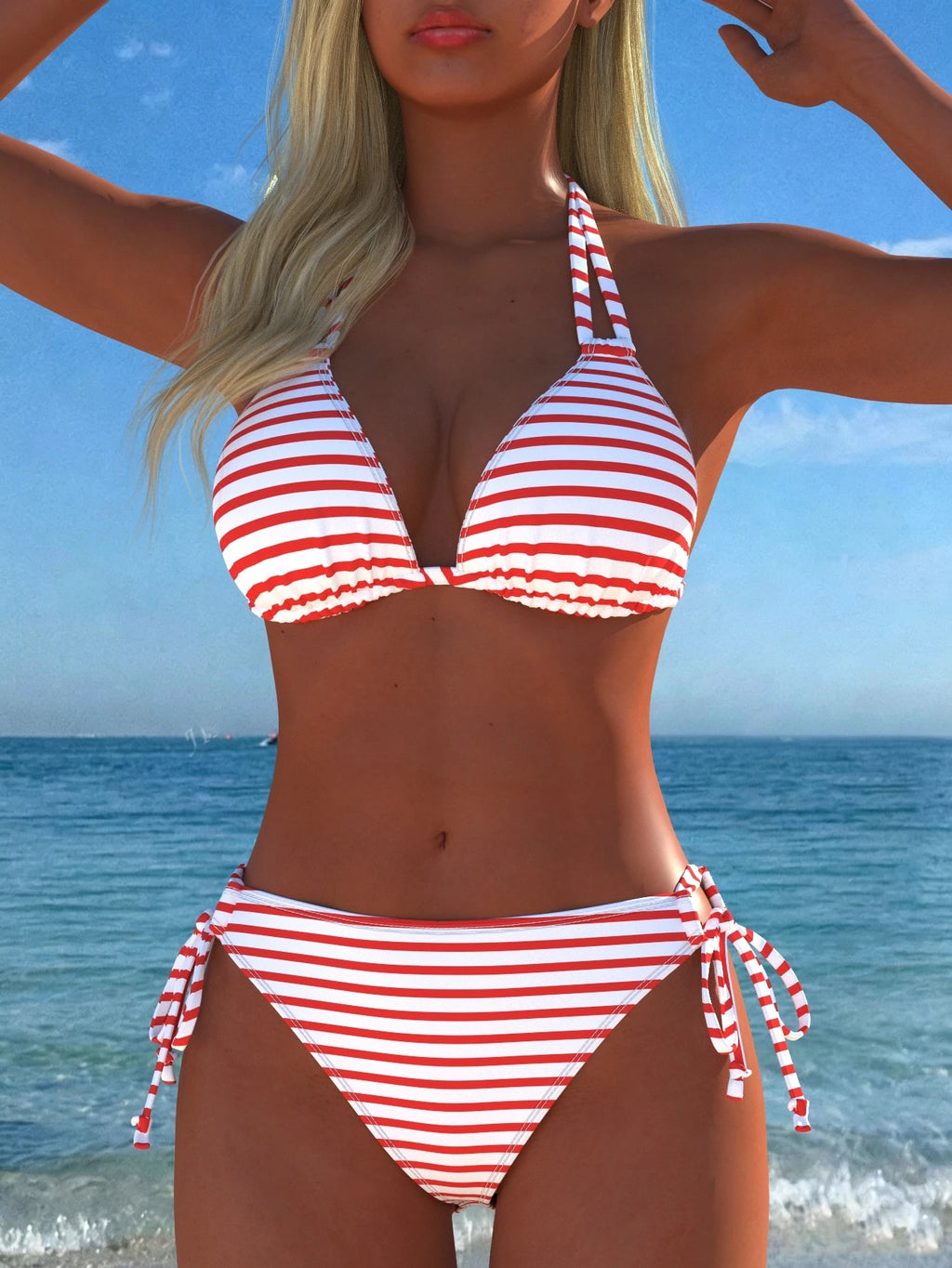 Women's Sexy Halter Striped Bikini Set, Side Tie Casual Beach