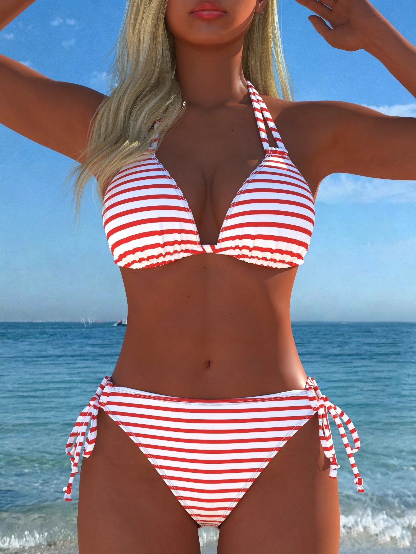 Women's Sexy Halter Striped Bikini Set, Side Tie Casual Beach