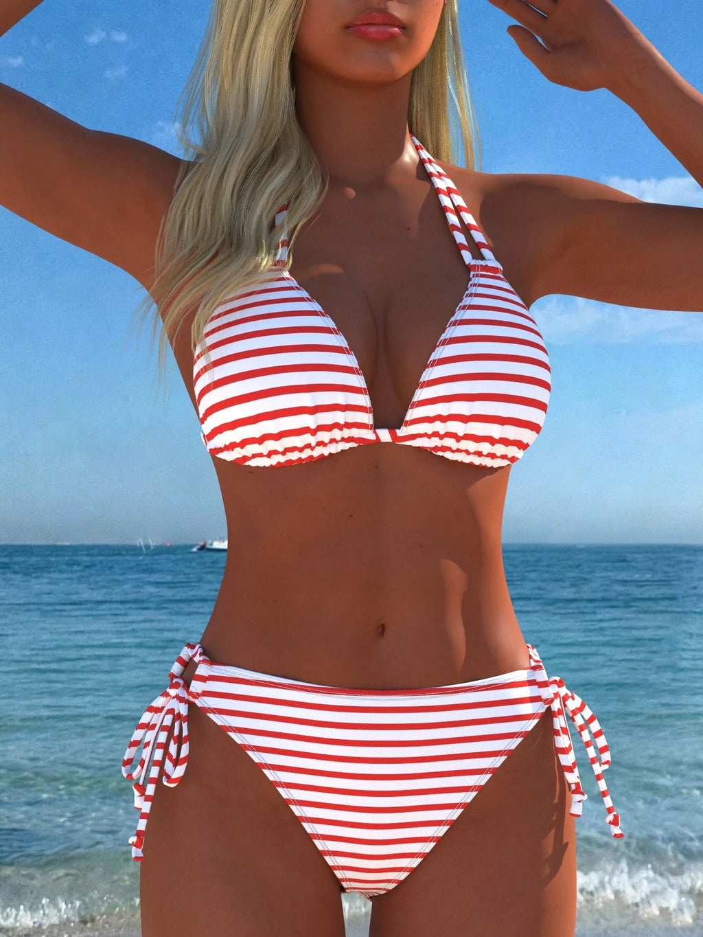 Women's Sexy Halter Striped Bikini Set, Side Tie Casual Beach