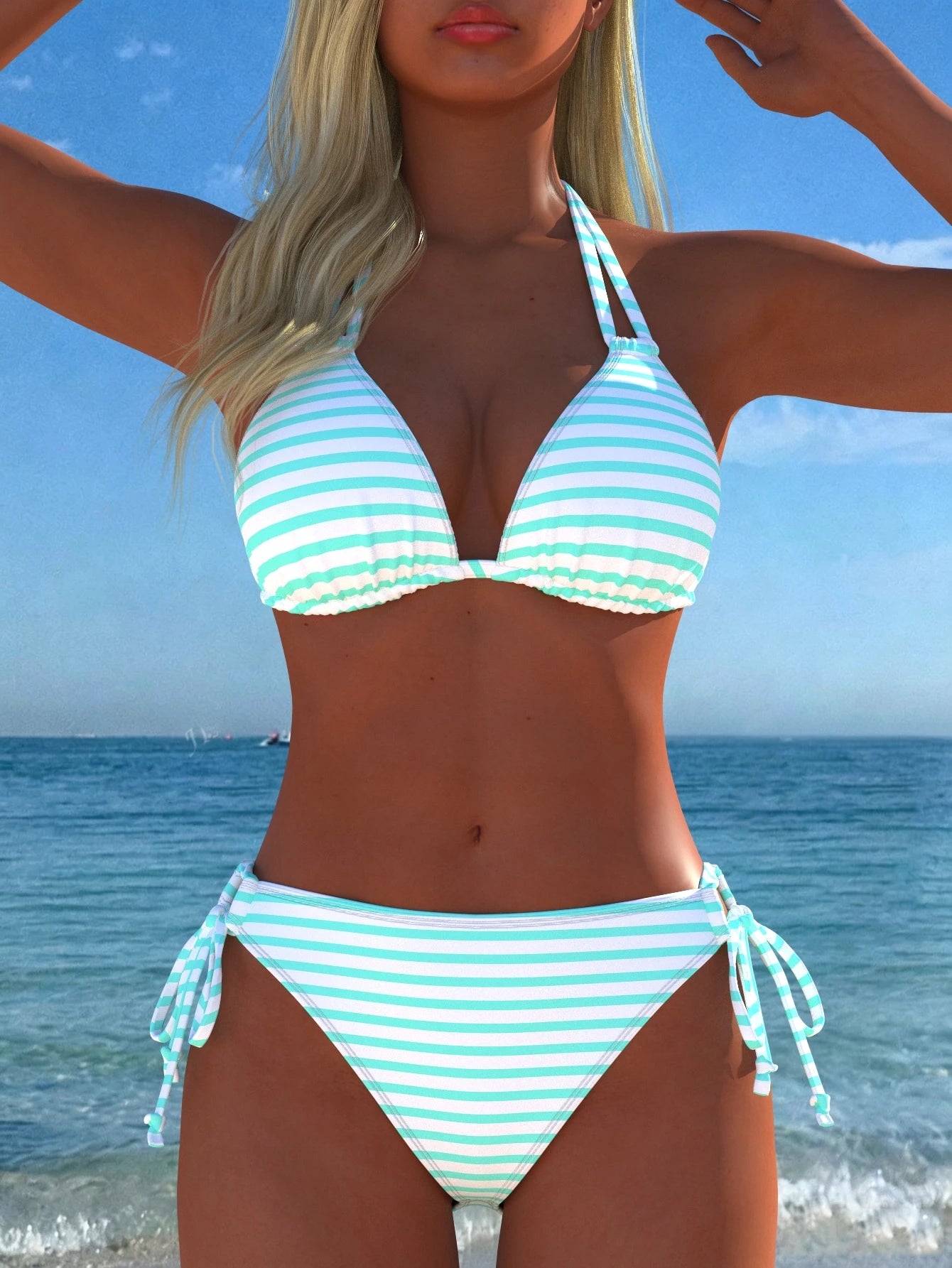 Women's Sexy Halter Striped Bikini Set, Side Tie Casual Beach