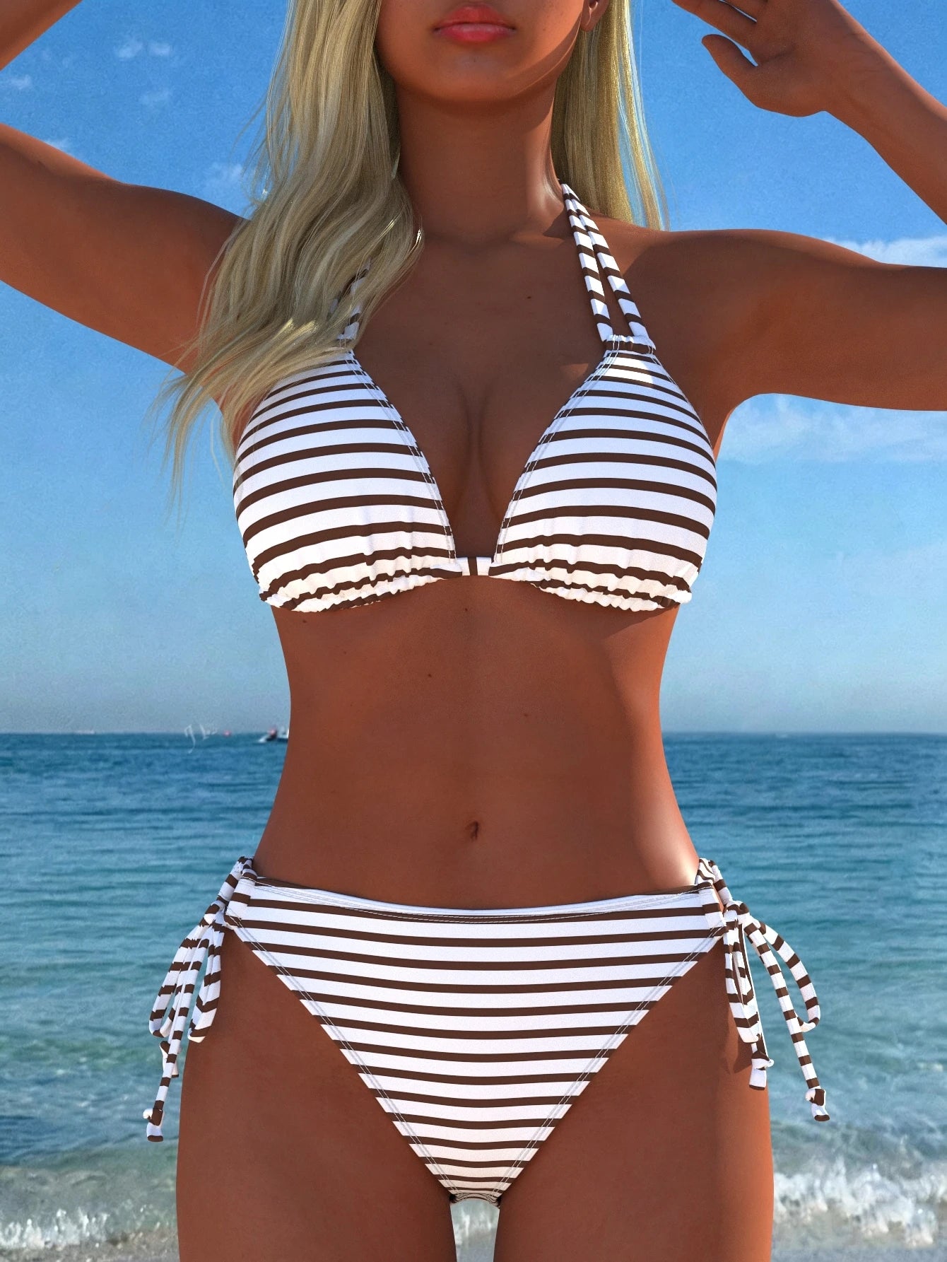 Women's Sexy Halter Striped Bikini Set, Side Tie Casual Beach