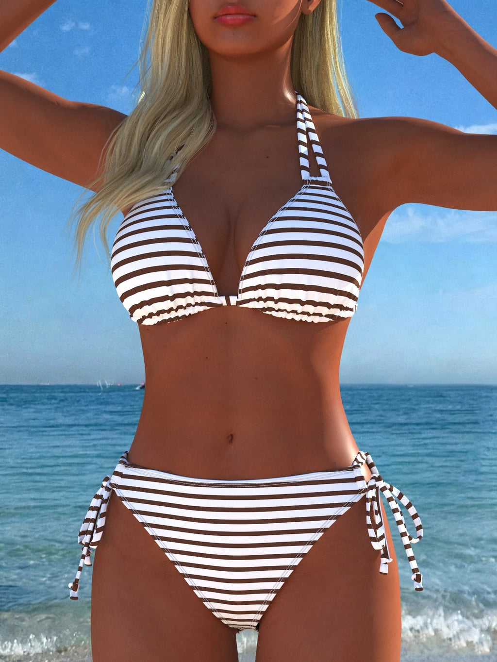 Women's Sexy Halter Striped Bikini Set, Side Tie Casual Beach
