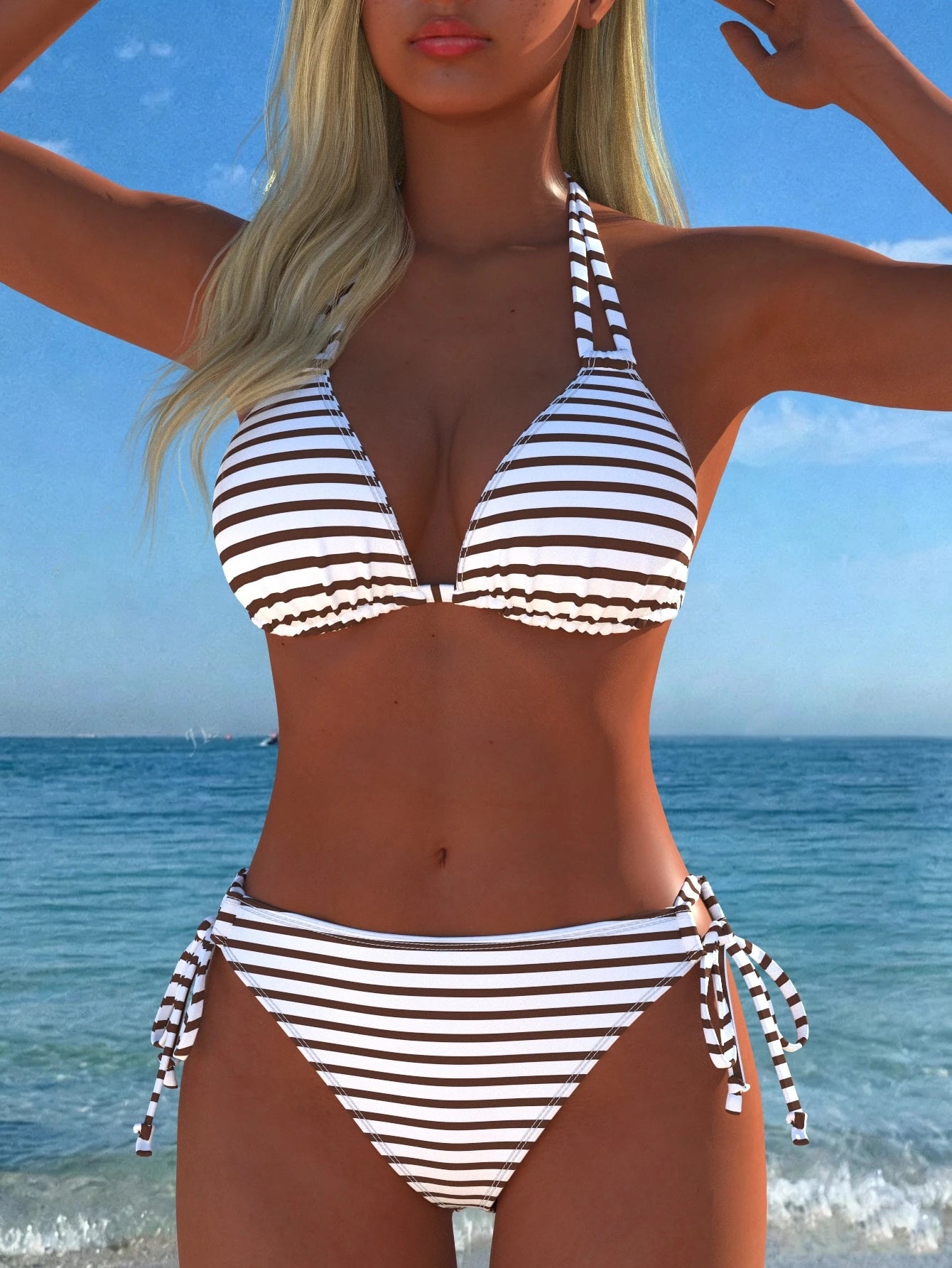 Women's Sexy Halter Striped Bikini Set, Side Tie Casual Beach