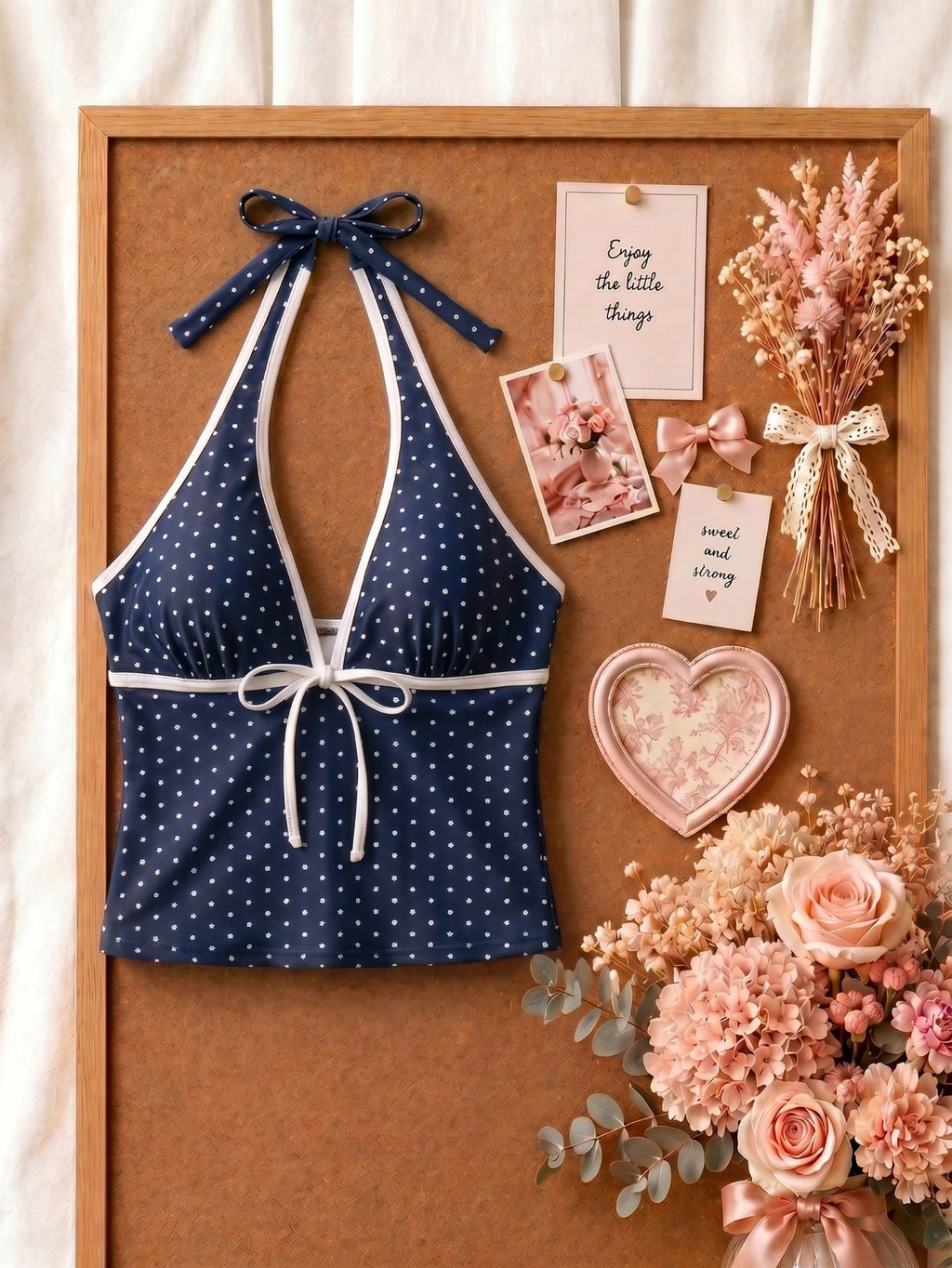 New Summer Fresh Sweet Cute Blue & White Polka Dot Halter Neck Bikini