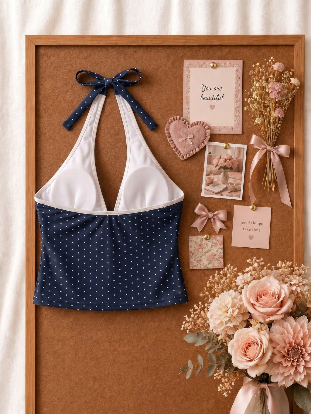 New Summer Fresh Sweet Cute Blue & White Polka Dot Halter Neck Bikini