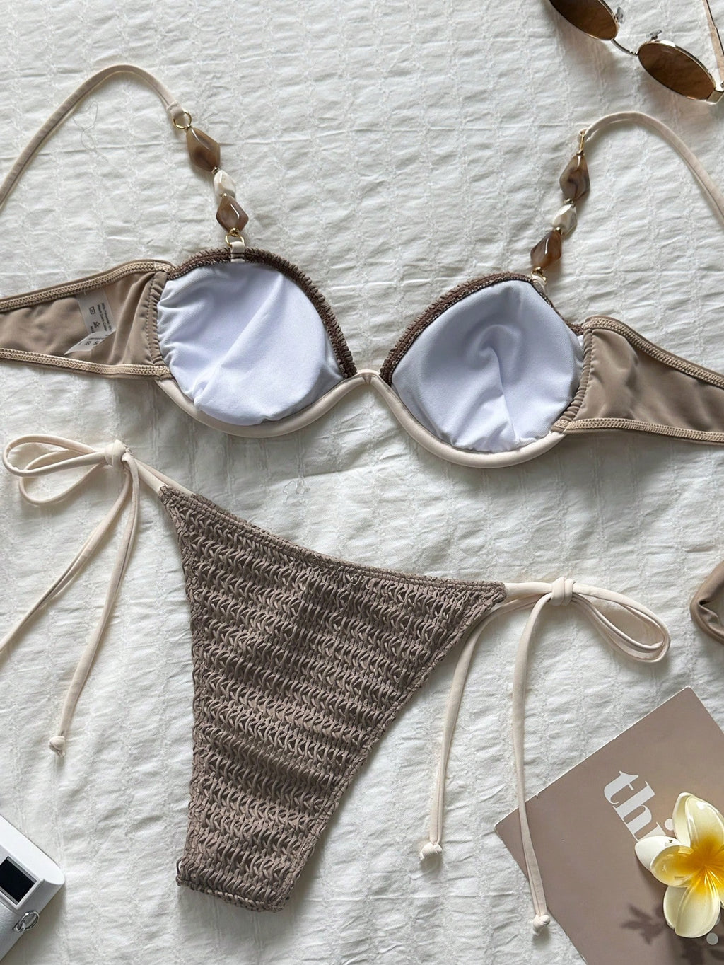 Bikinx Women's Colorblock Crochet Knit Fabric Bikini Set, Beaded