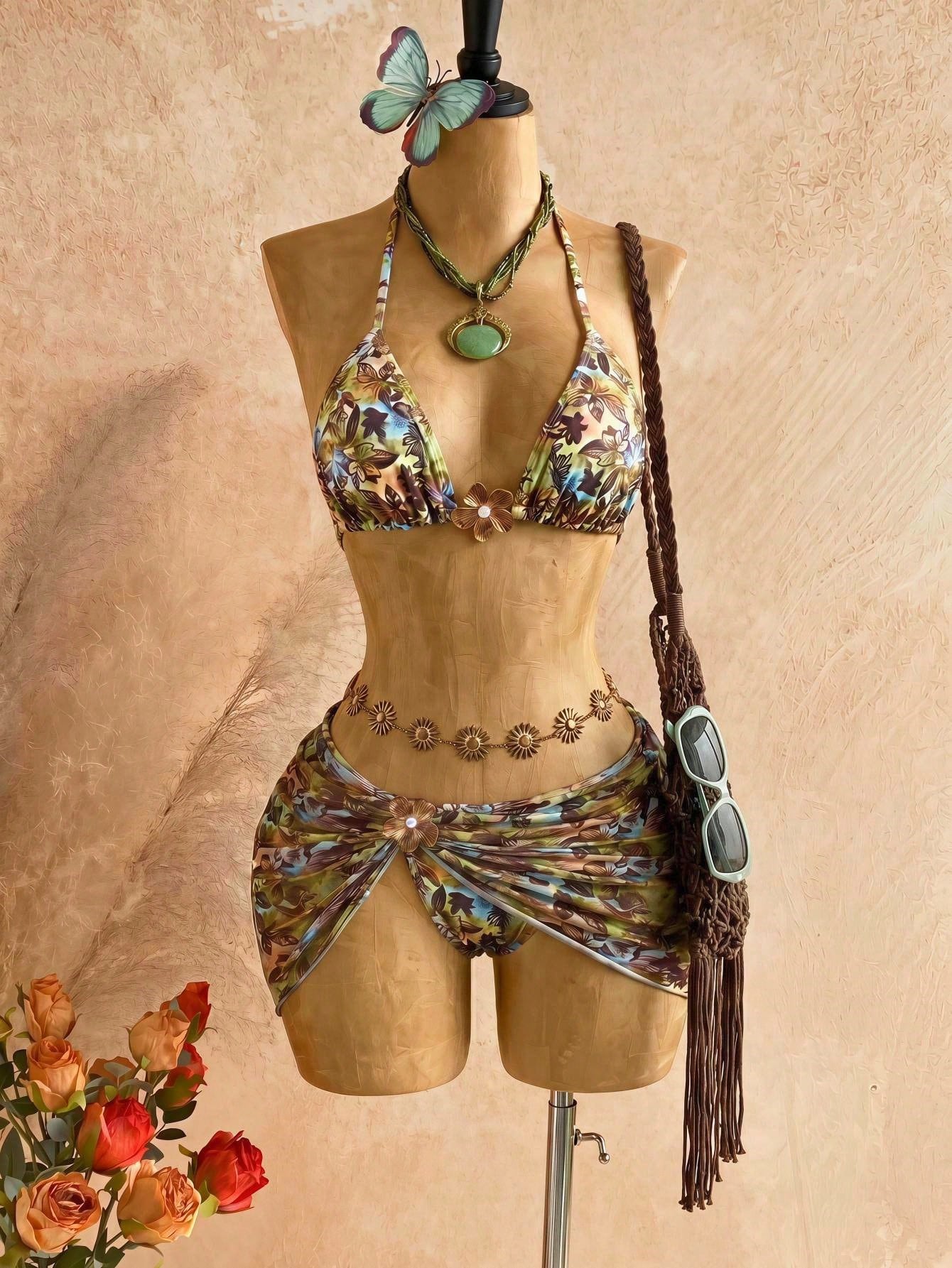 Swim Glamine Women's Floral Halter Bikini Set With Skirt Coverup,Pink