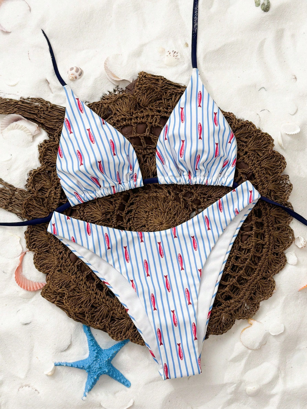 Bonvoyette 2pcs/Set Ocean Fish Print Triangle Halter Sexy Bikini Swimwear For Wo