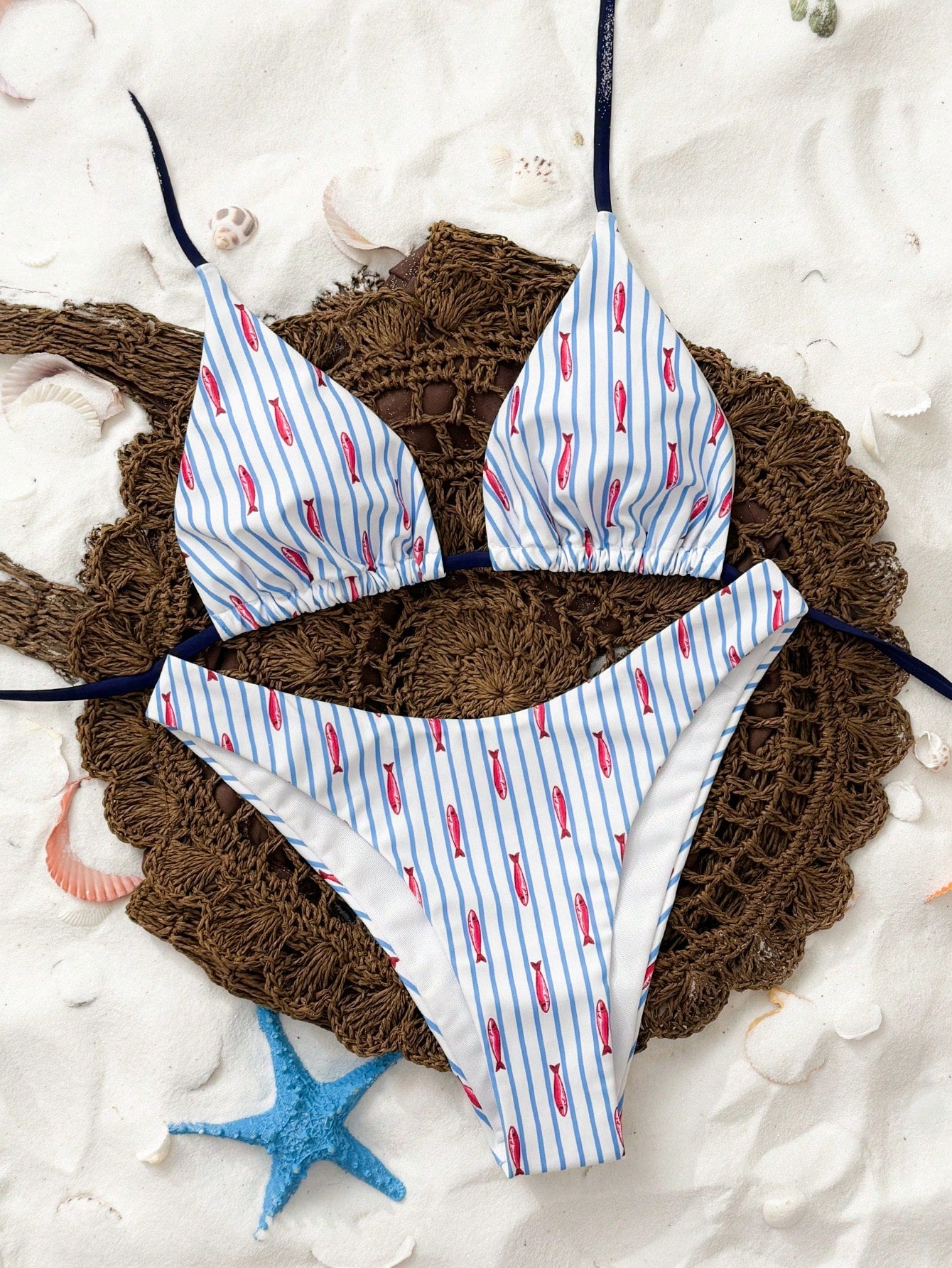Bonvoyette 2pcs/Set Ocean Fish Print Triangle Halter Sexy Bikini Swimwear For Wo