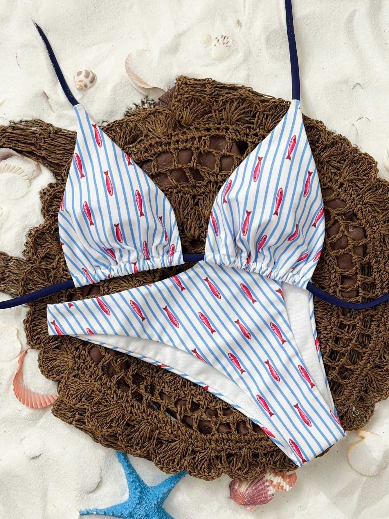 Bonvoyette 2pcs/Set Ocean Fish Print Triangle Halter Sexy Bikini Swimwear For Wo